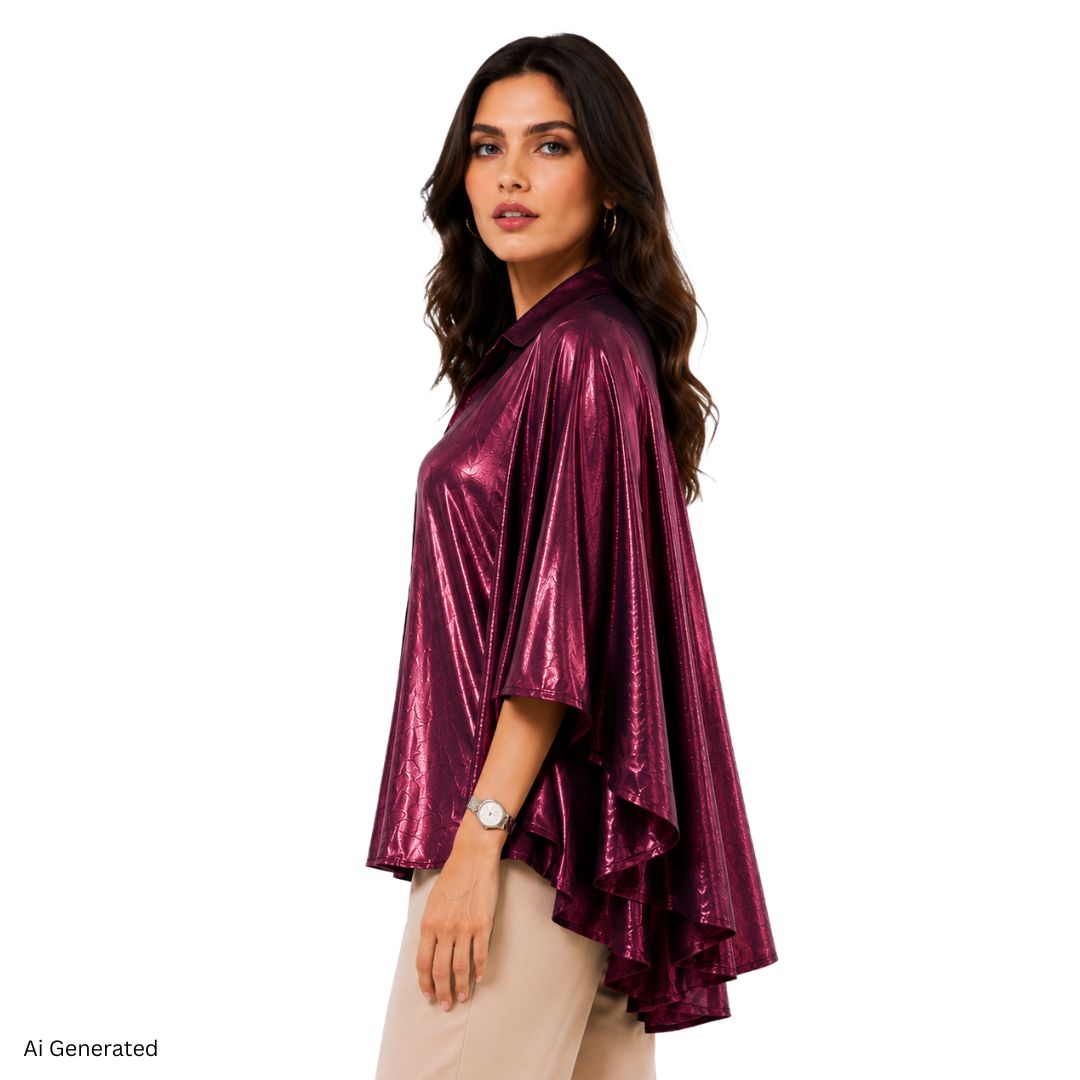 Artyska Women’s Metallic Jacquard Cape Sleeve Button Front Blouse