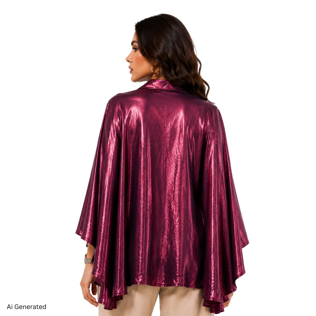 Artyska Women’s Metallic Jacquard Cape Sleeve Button Front Blouse