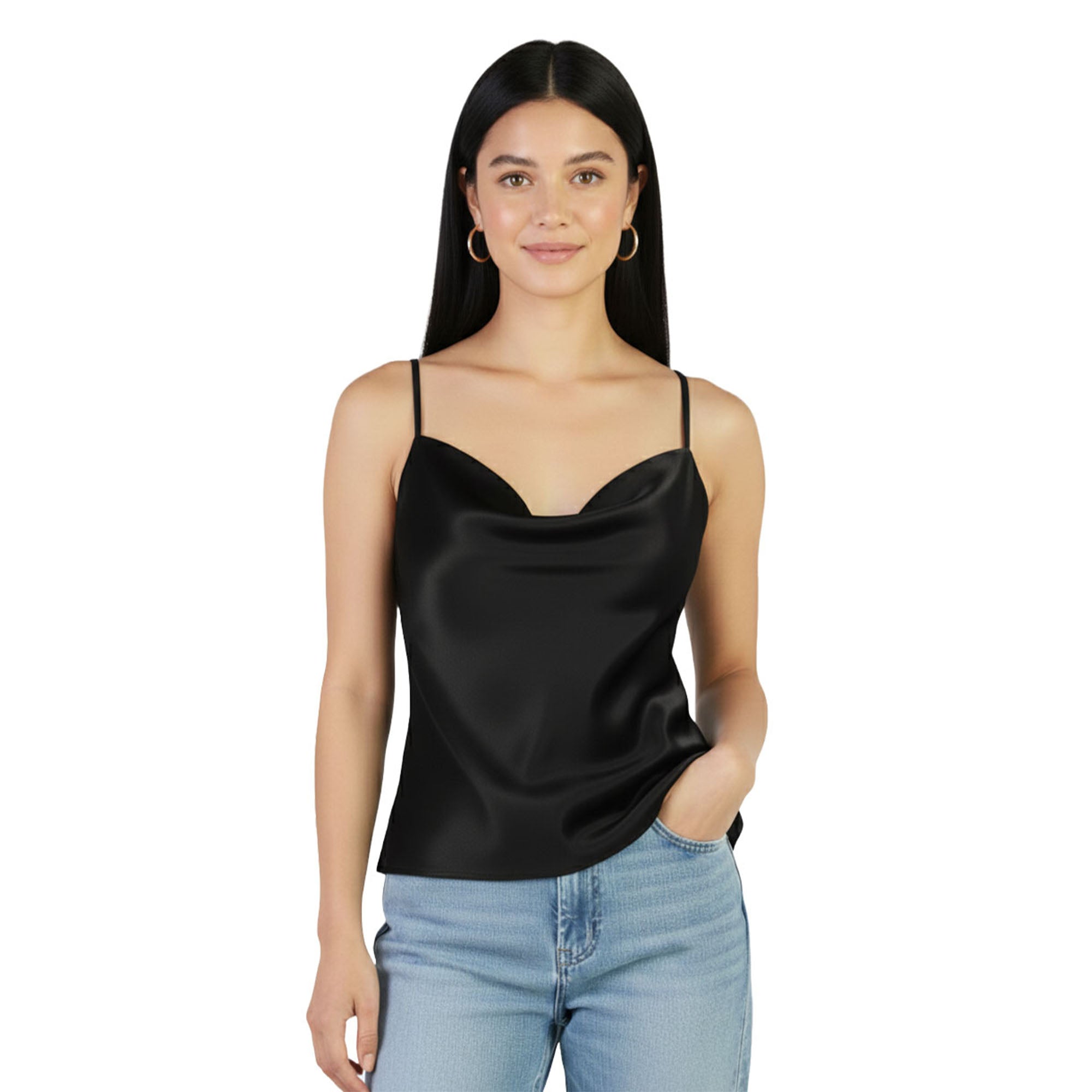 Artyska Women's Satin Cowl-Neck Spaghetti Strap Camisole Top – Elegant Silky