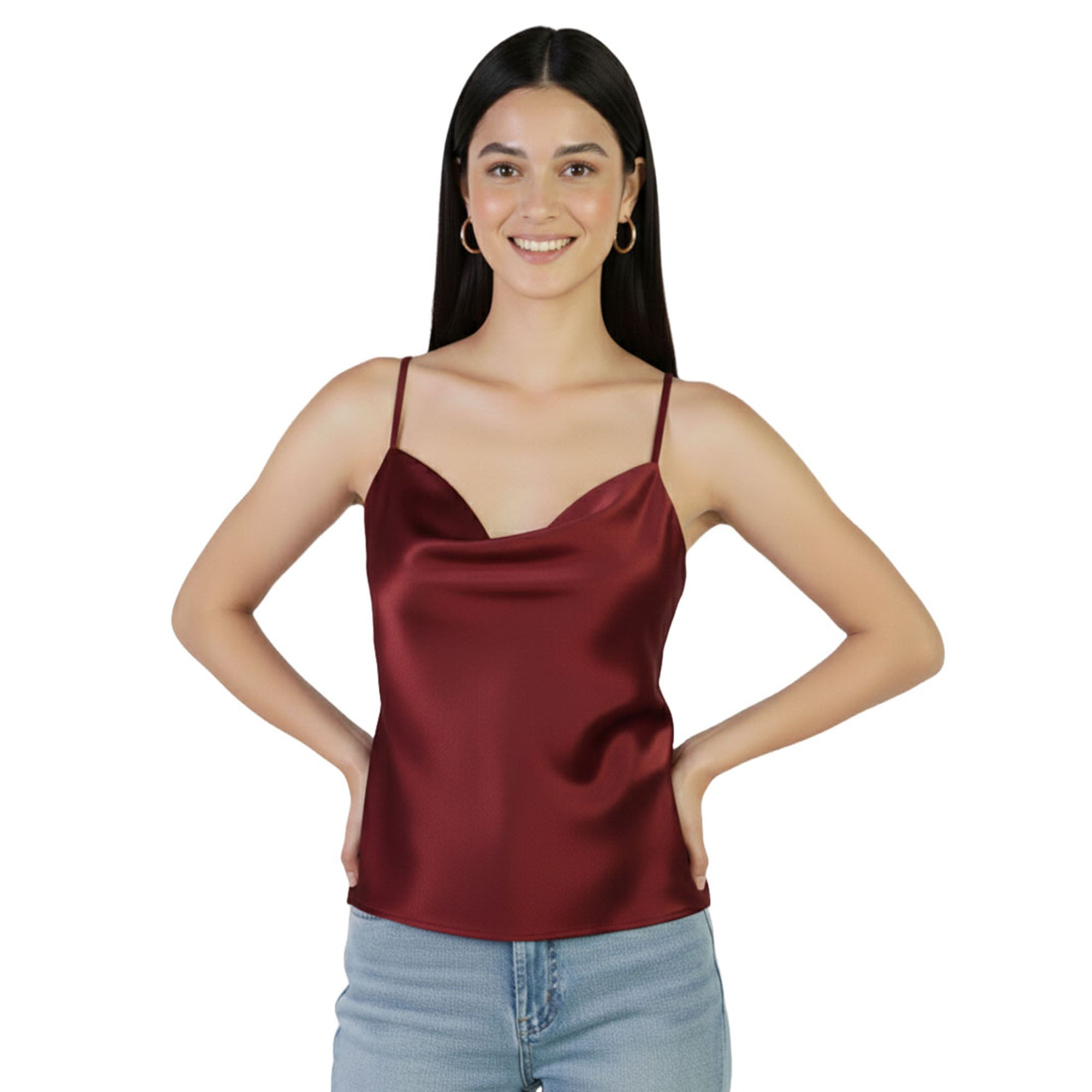 Artyska Women's Satin Cowl-Neck Spaghetti Strap Camisole Top – Elegant Silky