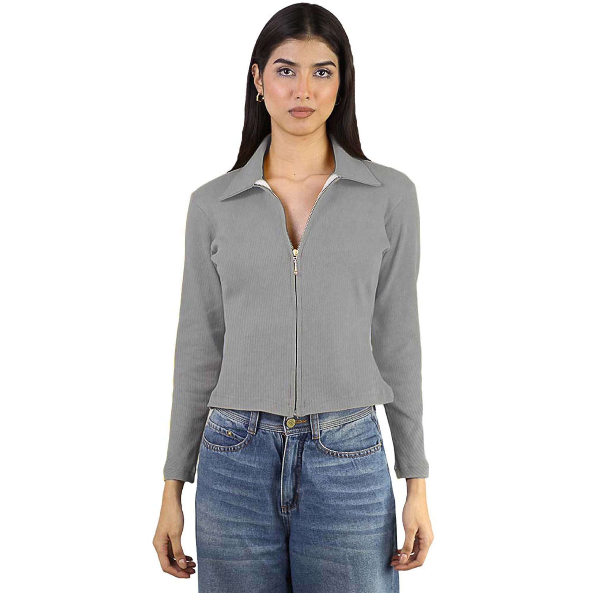 Artyska Women’s Ribbed Zip-Up Collared Long Sleeve Top | Trendy Everyday Essential