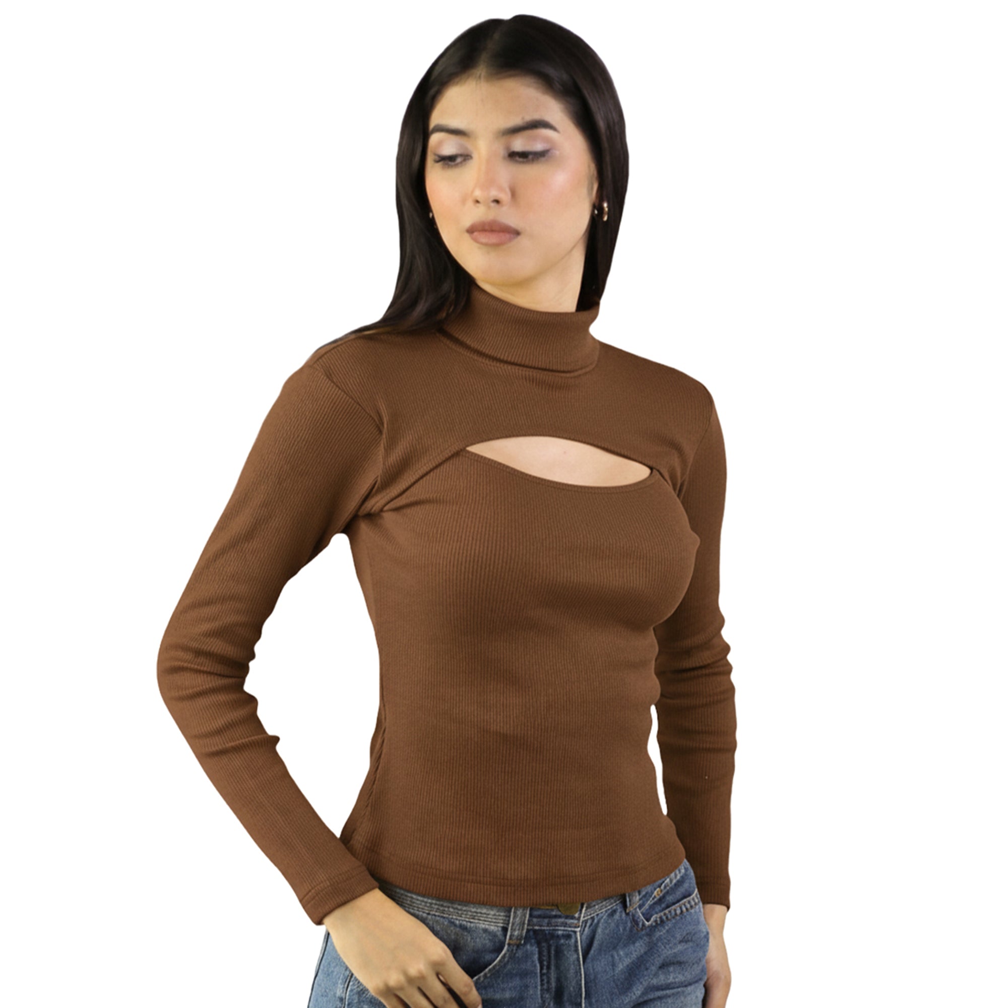Artyska Women’s Ribbed High Neck Cutout Long Sleeve Top