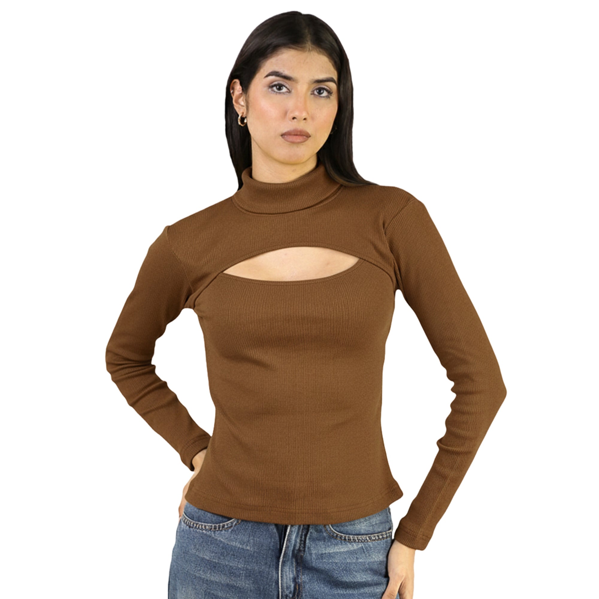 Artyska Women’s Ribbed High Neck Cutout Long Sleeve Top