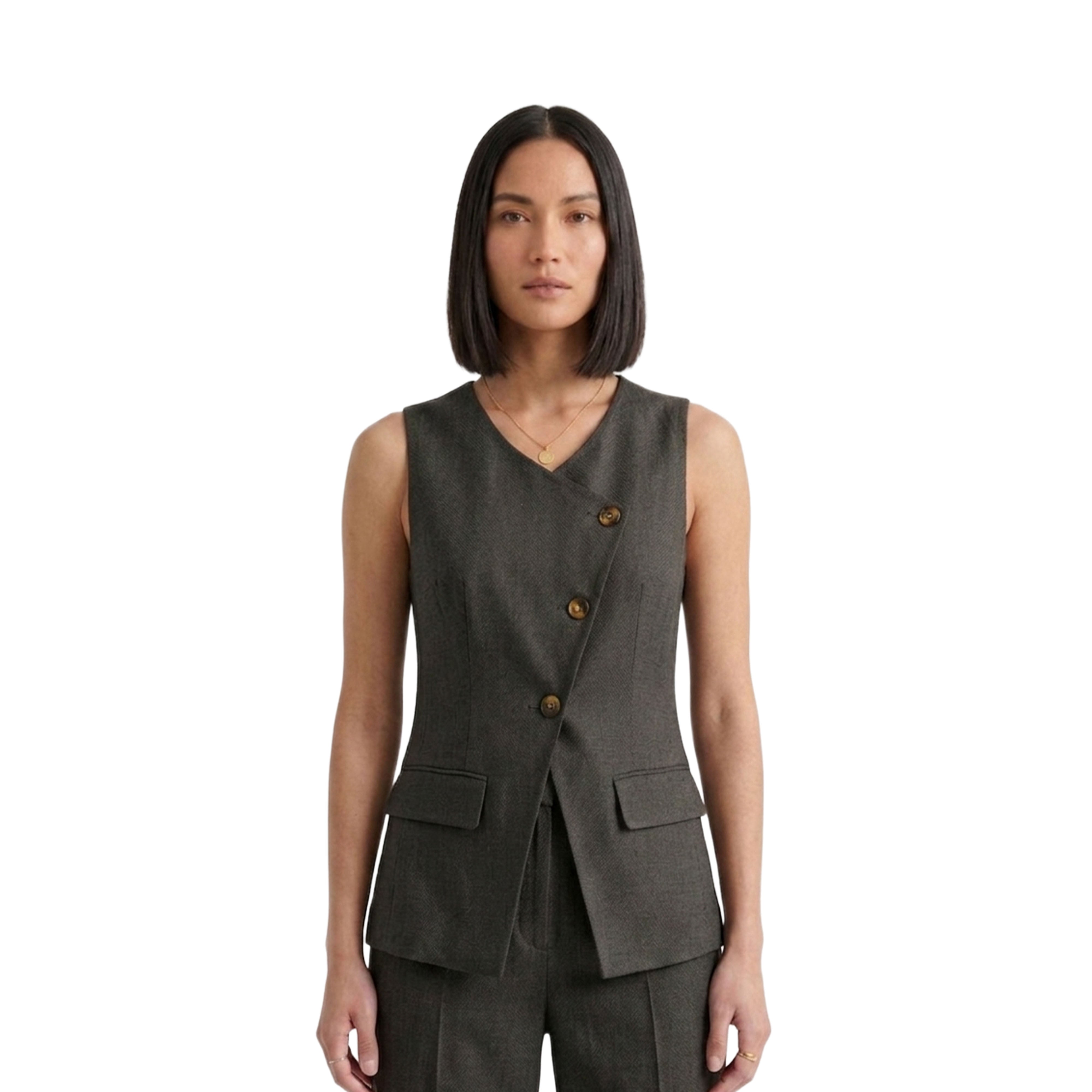 Artyska Women’s Linen Blend Asymmetrical Button-Front Tailored Vest – Sleeveless Waistcoat Top