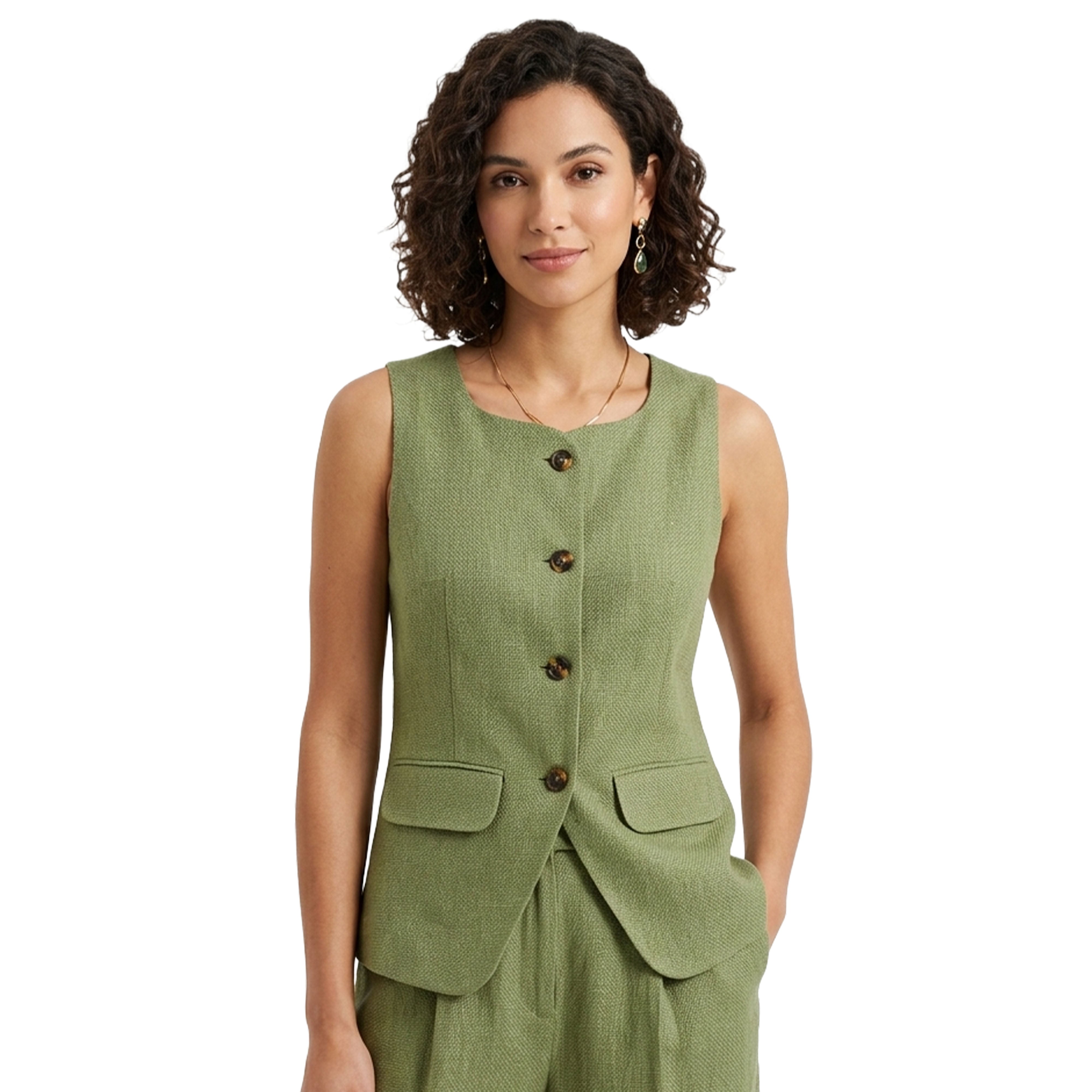 Artyska Women’s Linen Blend Sleeveless Tailored Vest – Button Front Waistcoat Top