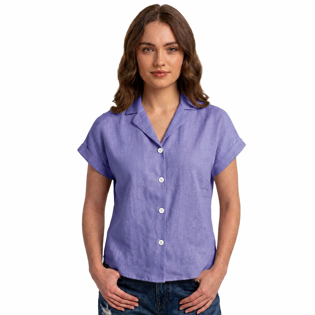 Artyska Women’s Cropped Linen Button-Front Shirt – Relaxed Fit Collared Top