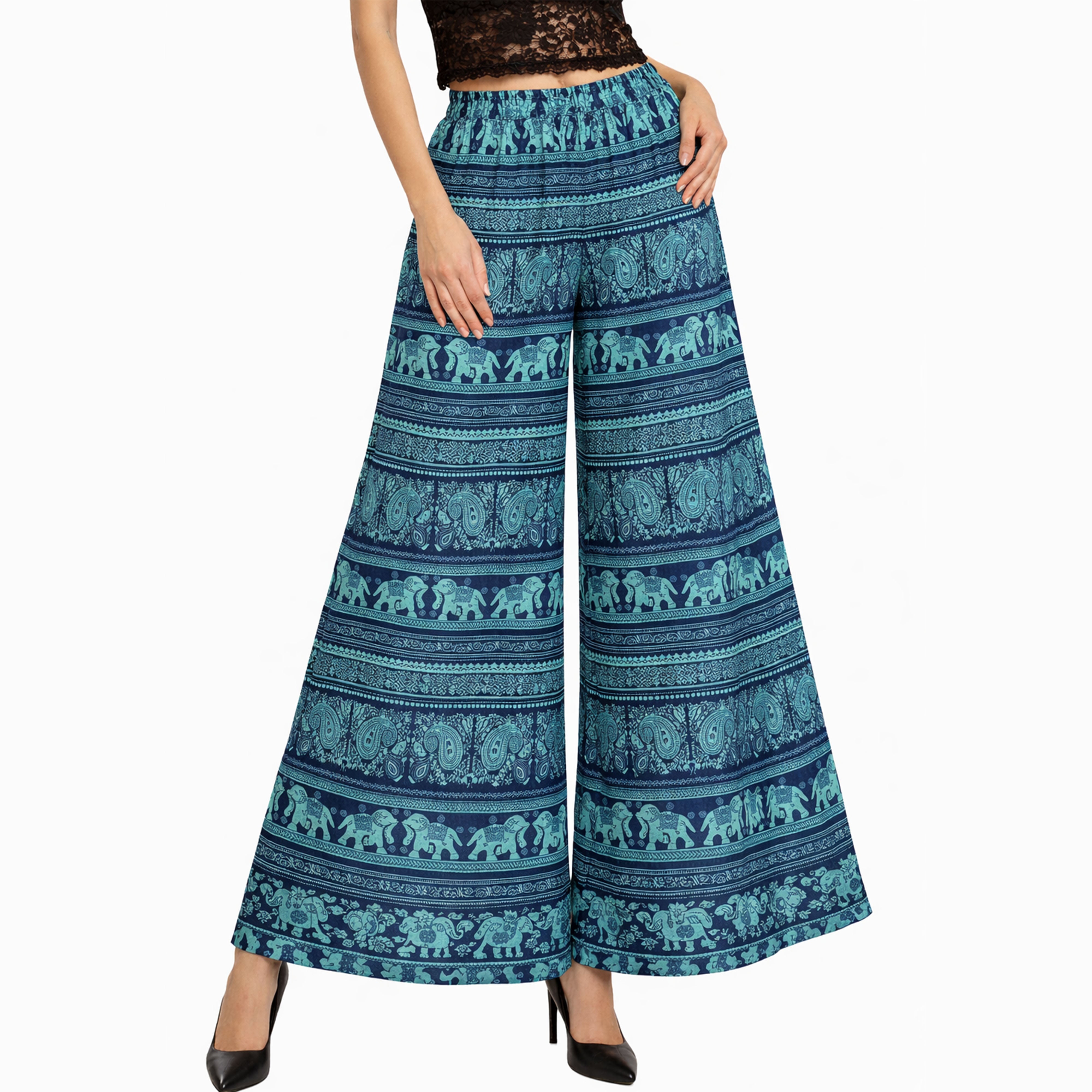 Artyska Women’s Bohemian Elephant Print Palazzo Pants – High-Waisted Wide Leg