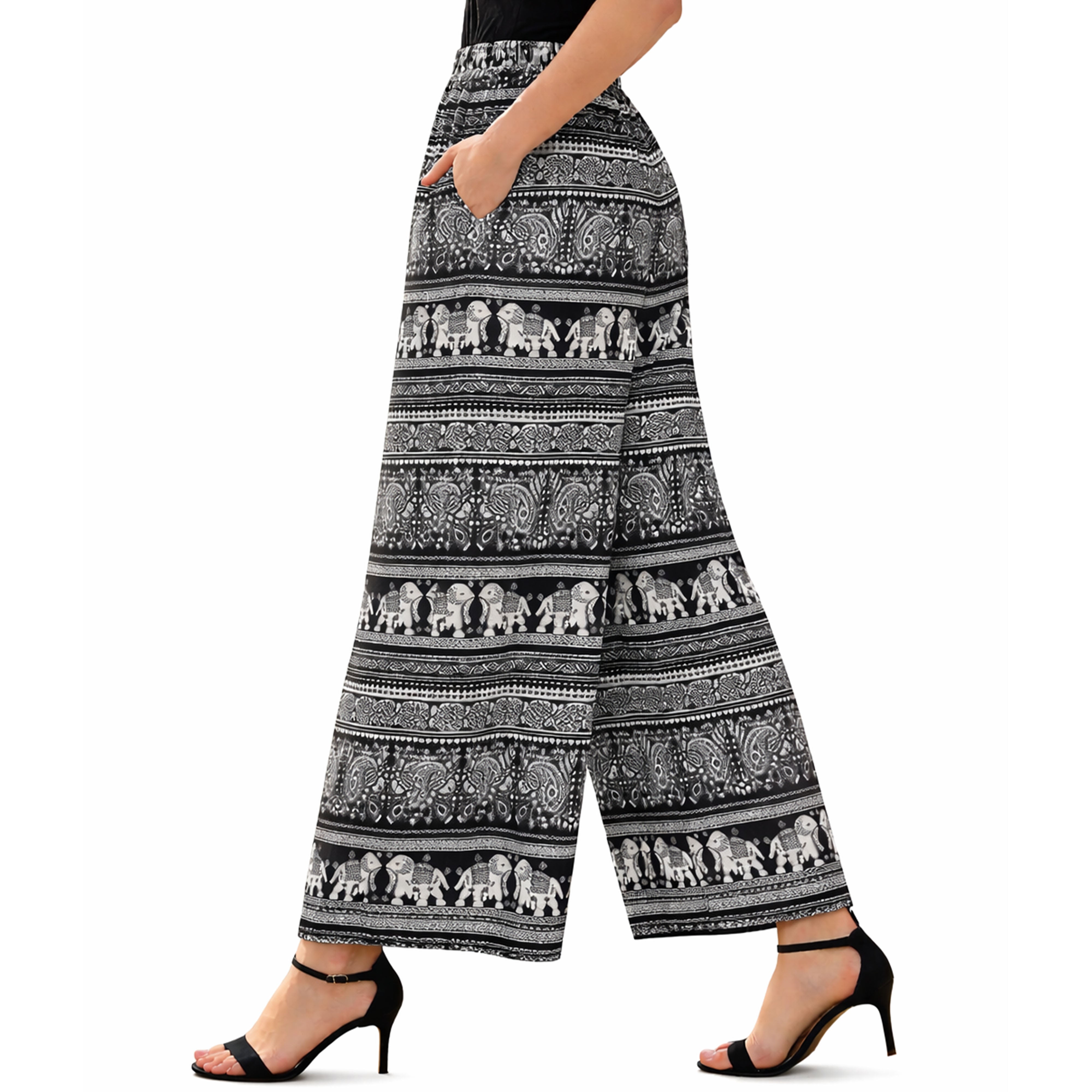 Artyska Women’s Bohemian Elephant Print Palazzo Pants – High-Waisted Wide Leg