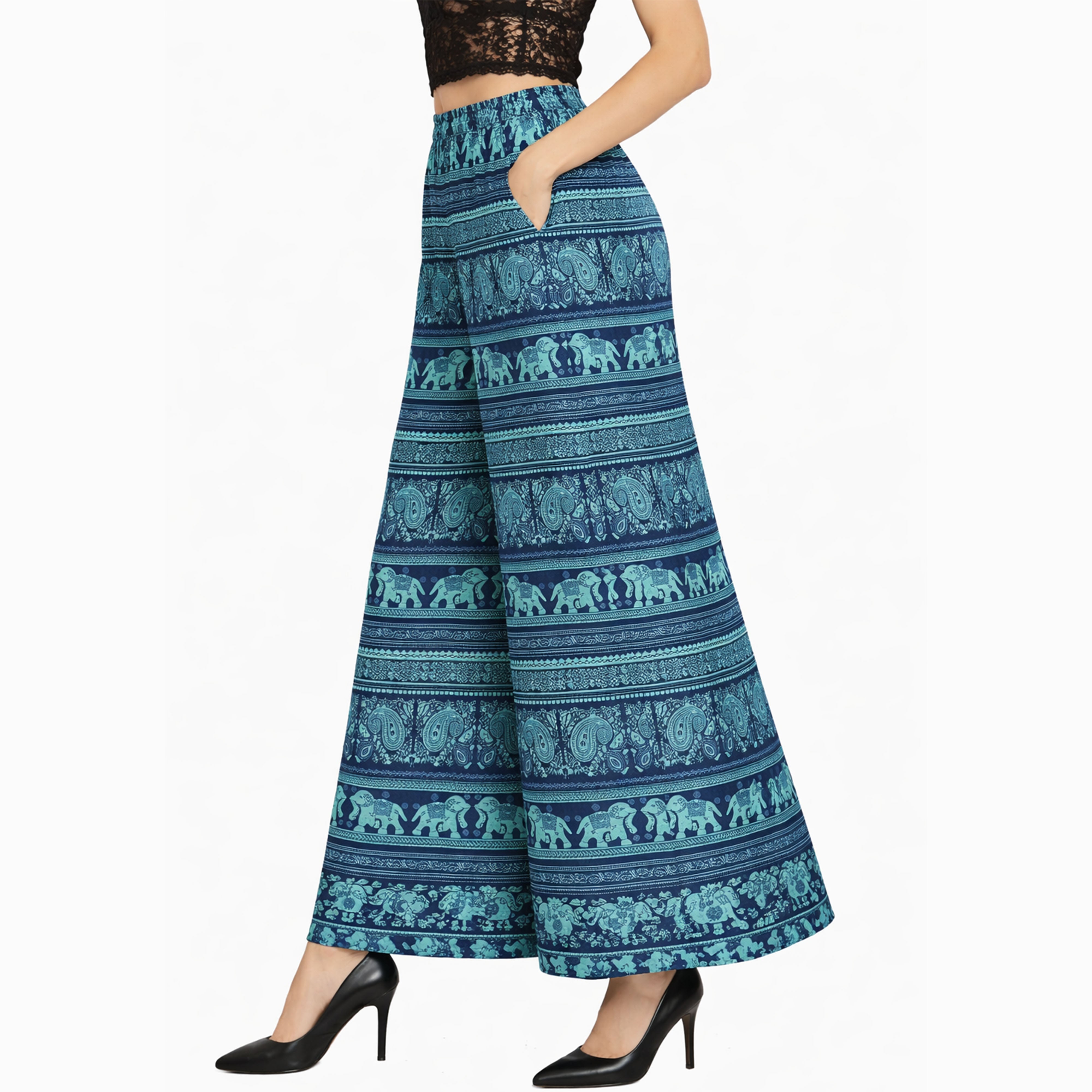 Artyska Women’s Bohemian Elephant Print Palazzo Pants – High-Waisted Wide Leg