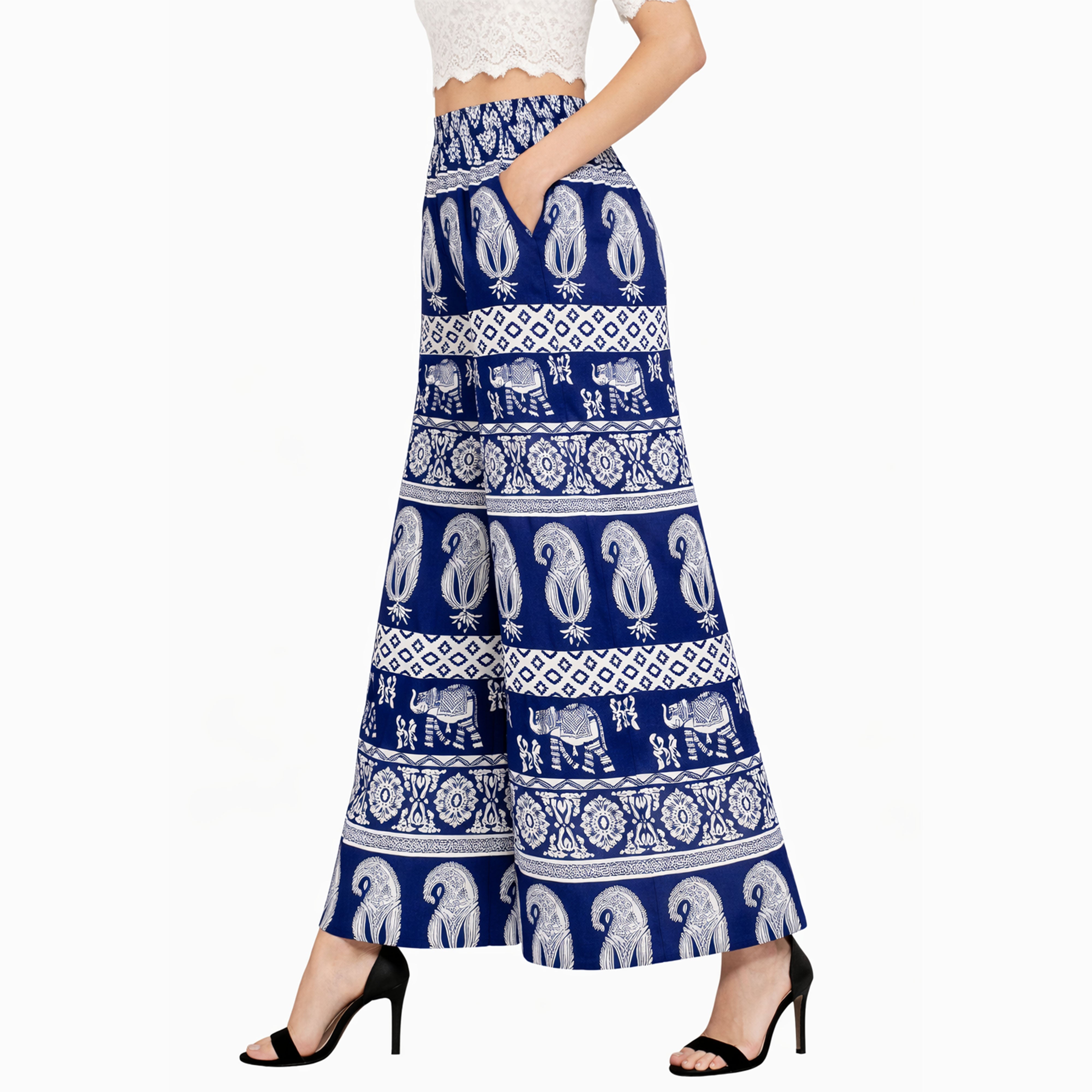 Artyska Women’s Bohemian Elephant Print Palazzo Pants – High-Waisted Wide Leg
