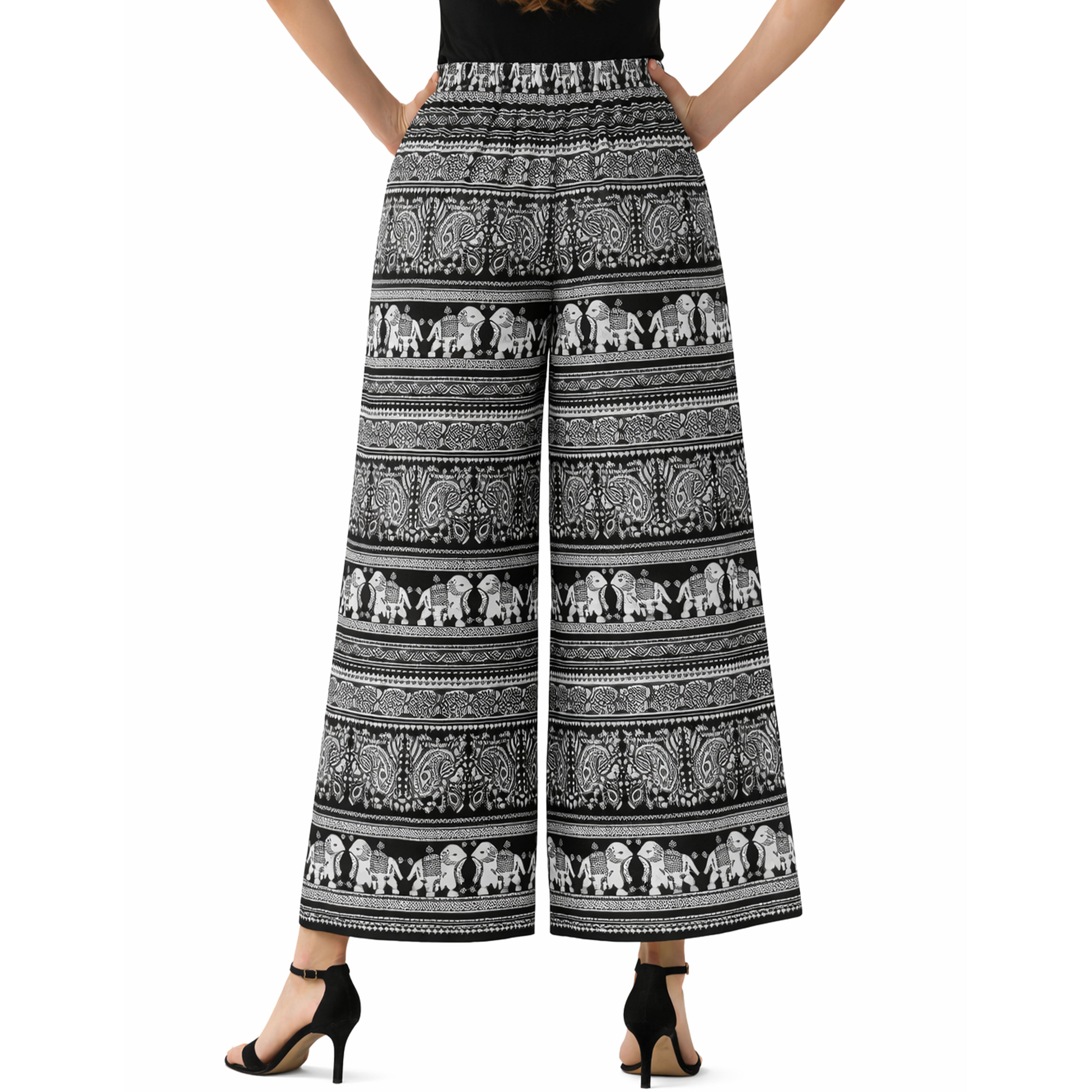 Artyska Women’s Bohemian Elephant Print Palazzo Pants – High-Waisted Wide Leg