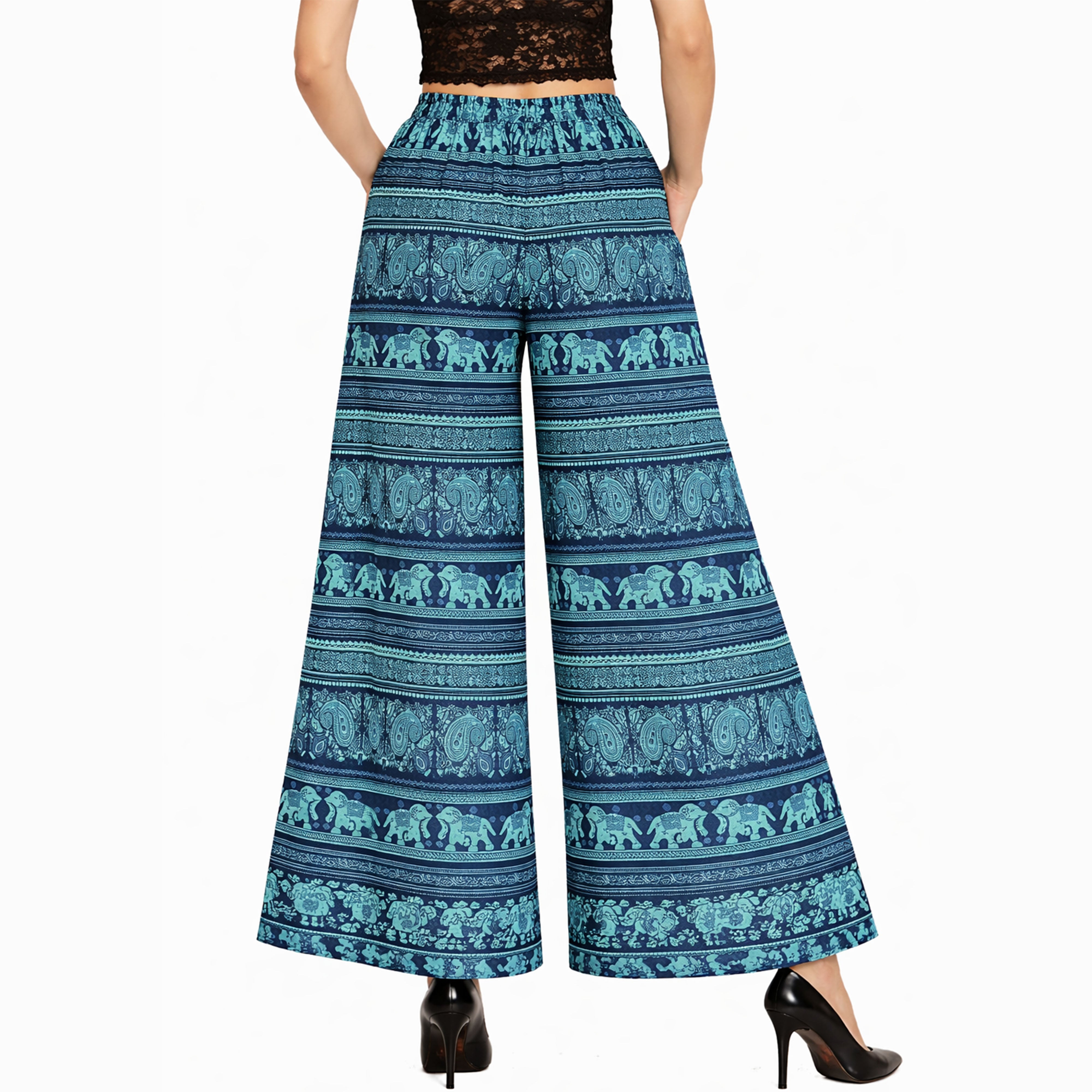 Artyska Women’s Bohemian Elephant Print Palazzo Pants – High-Waisted Wide Leg