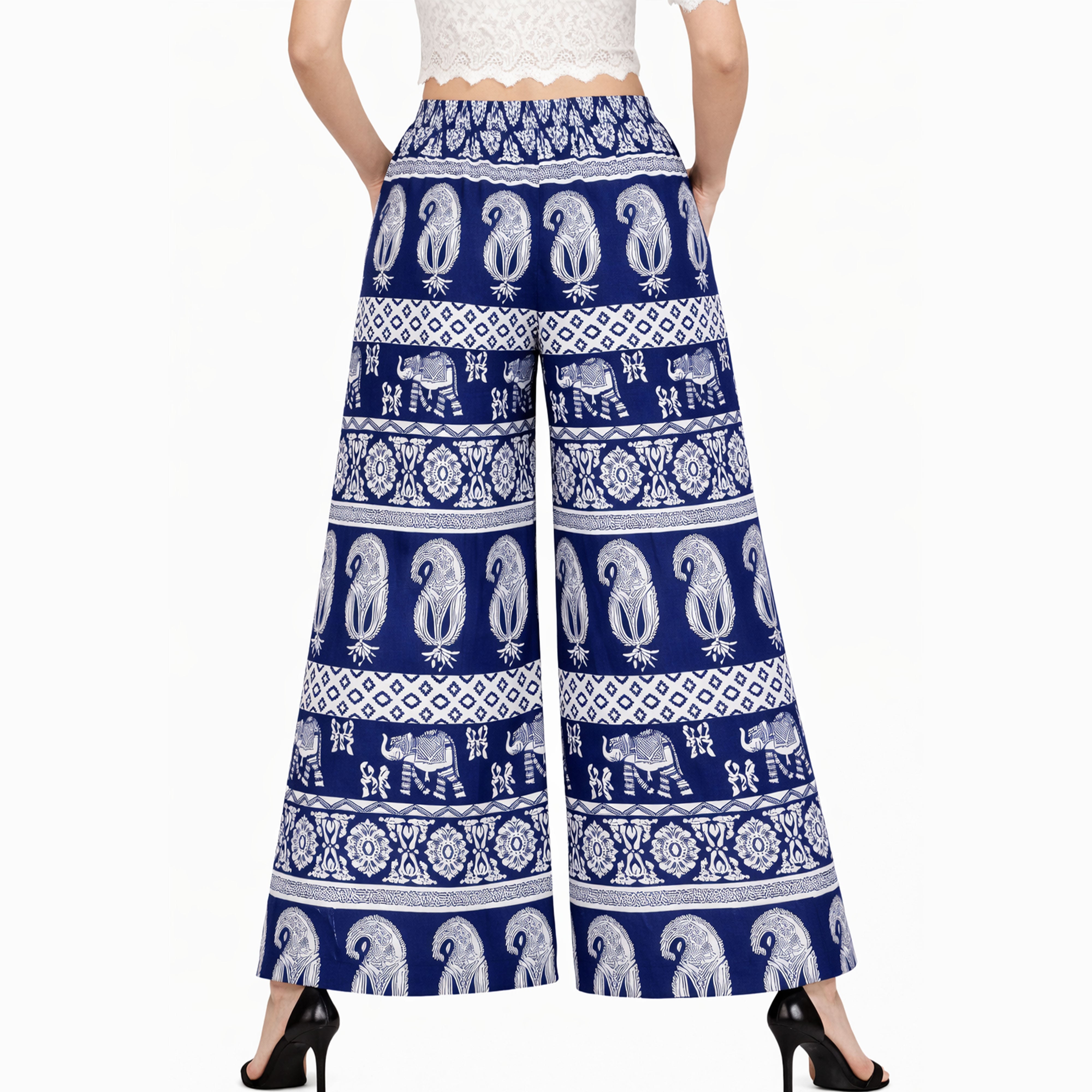 Artyska Women’s Bohemian Elephant Print Palazzo Pants – High-Waisted Wide Leg