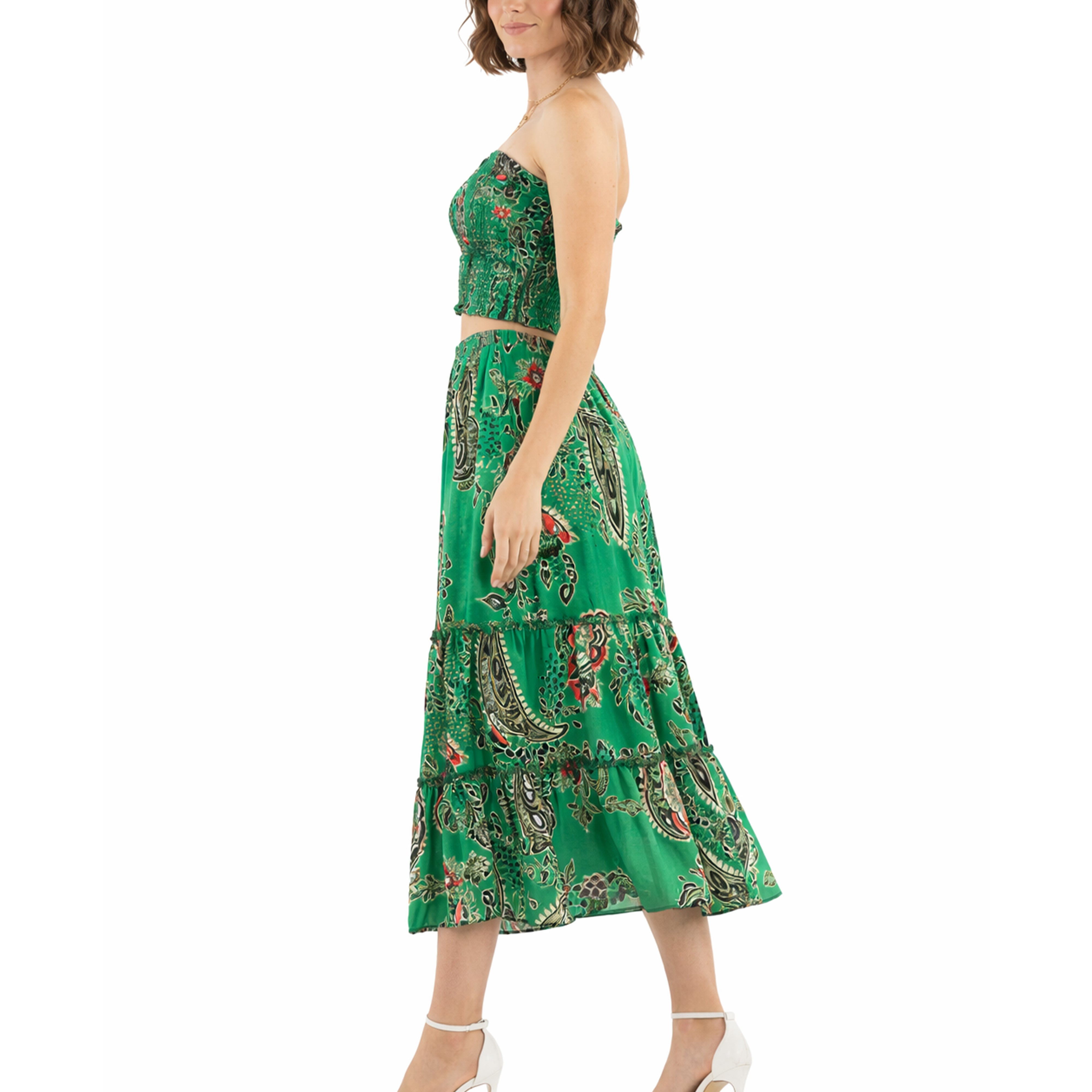 Artyska Women’s Paisley Strapless Crop Top & Tiered Midi Skirt Set