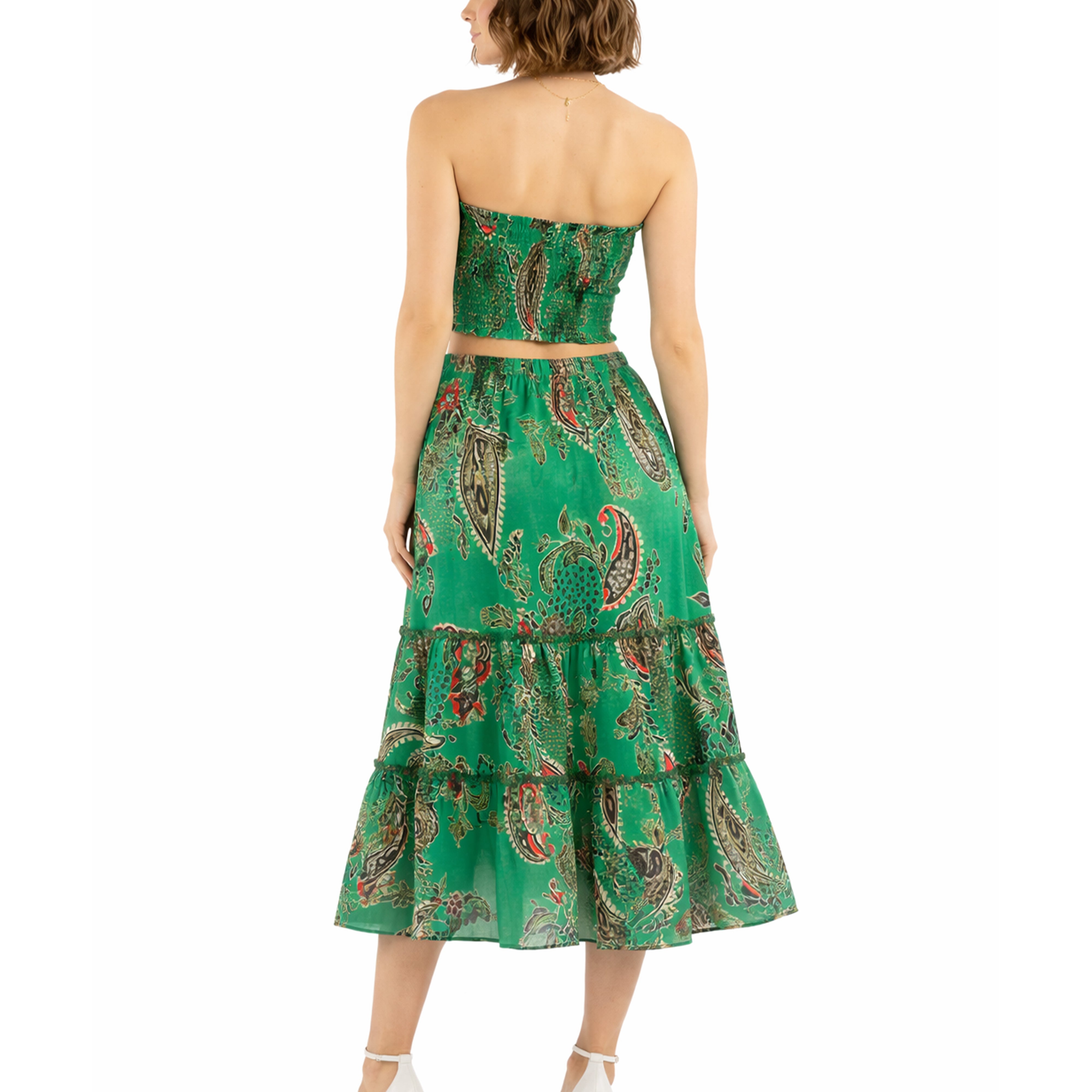 Artyska Women’s Paisley Strapless Crop Top & Tiered Midi Skirt Set