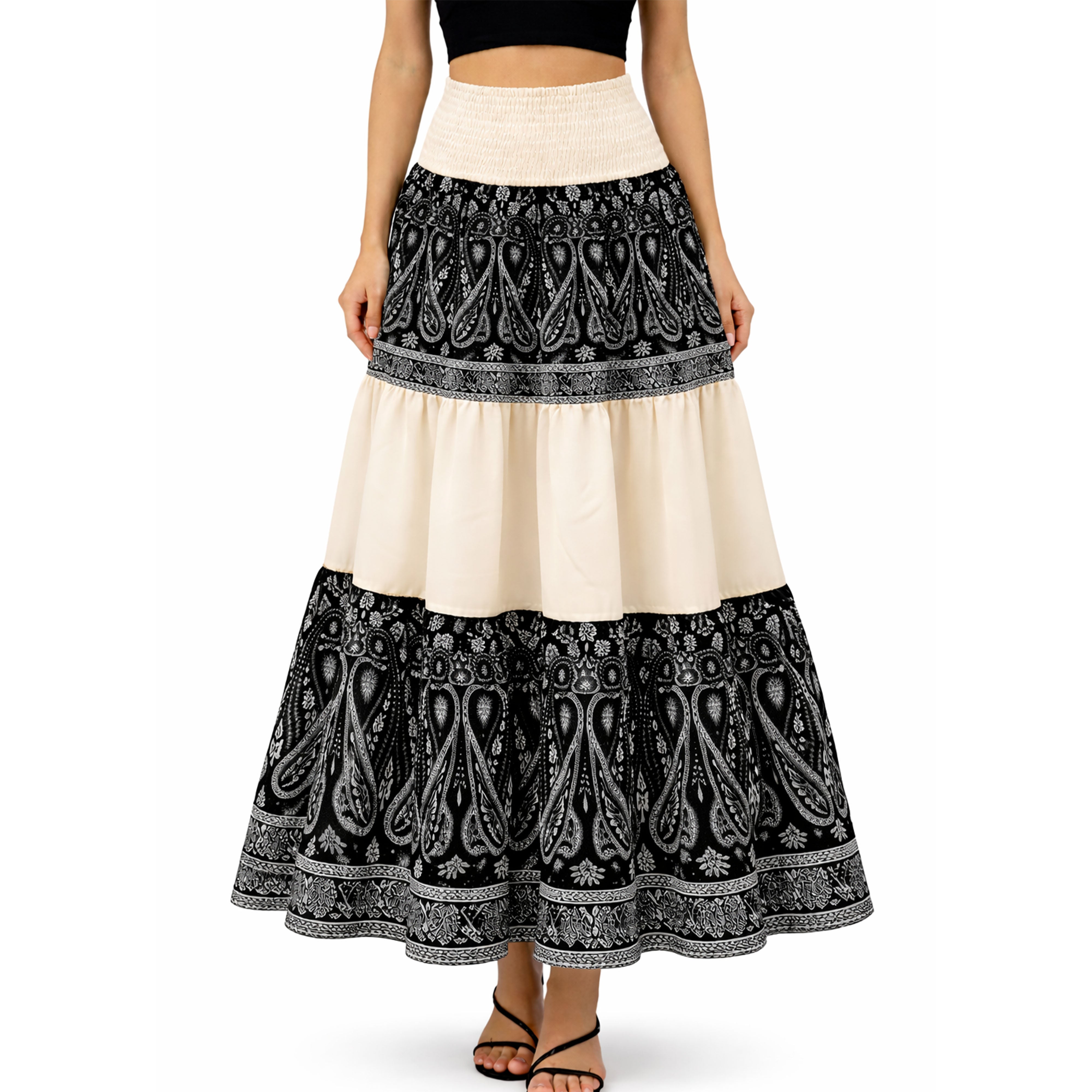 Artyska Boho Tiered Paisley Maxi Skirt with Smocked Waist