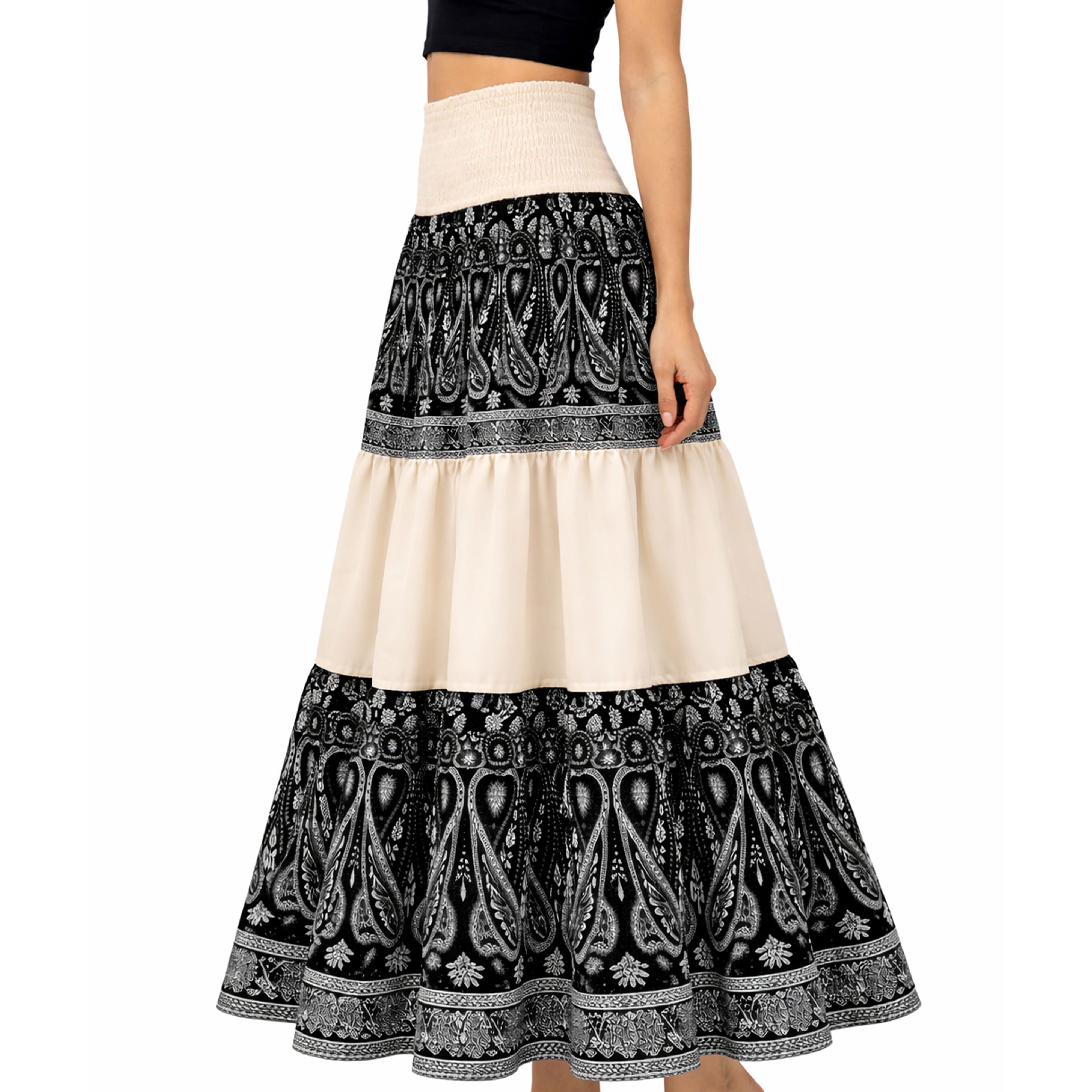 Artyska Boho Tiered Paisley Maxi Skirt with Smocked Waist