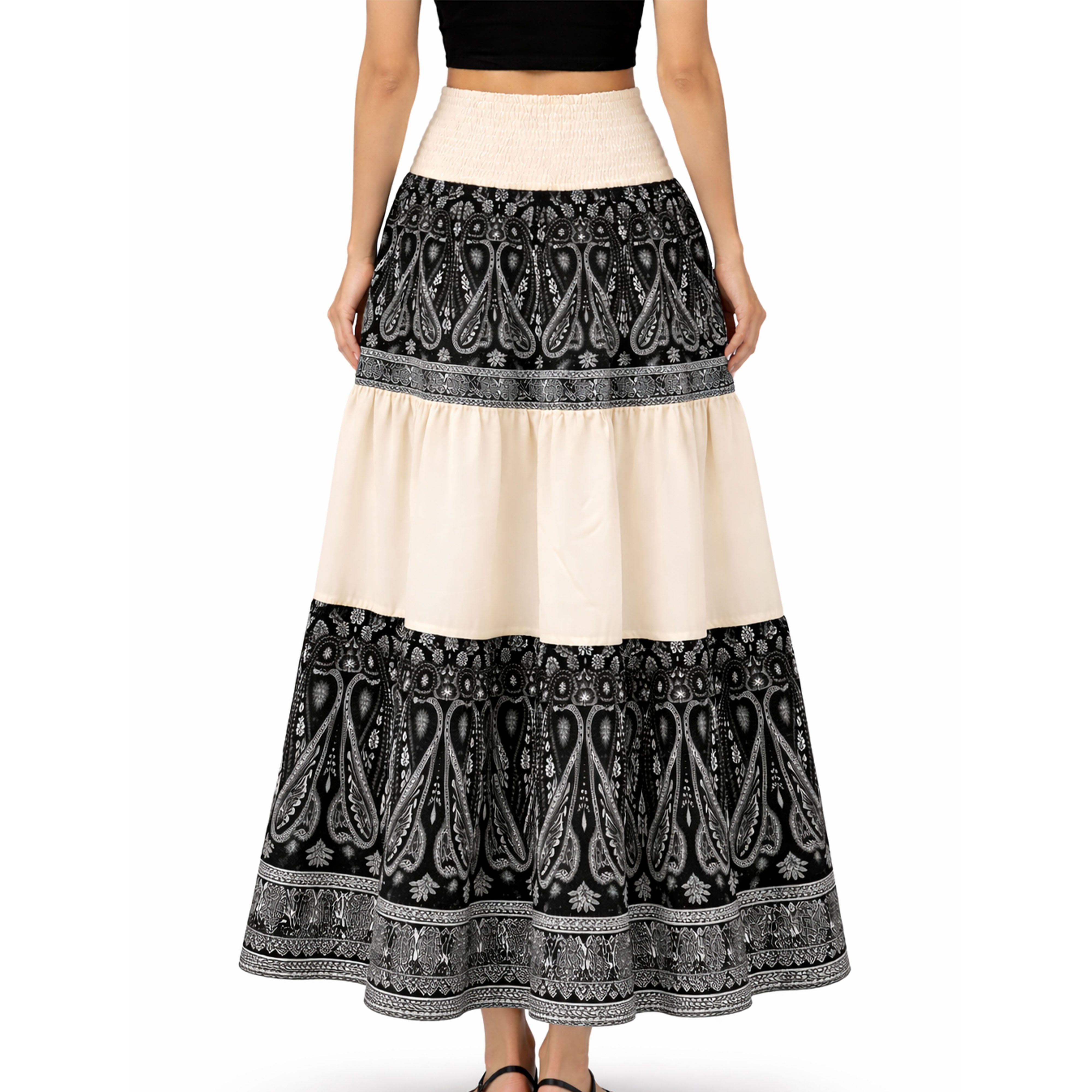 Artyska Boho Tiered Paisley Maxi Skirt with Smocked Waist