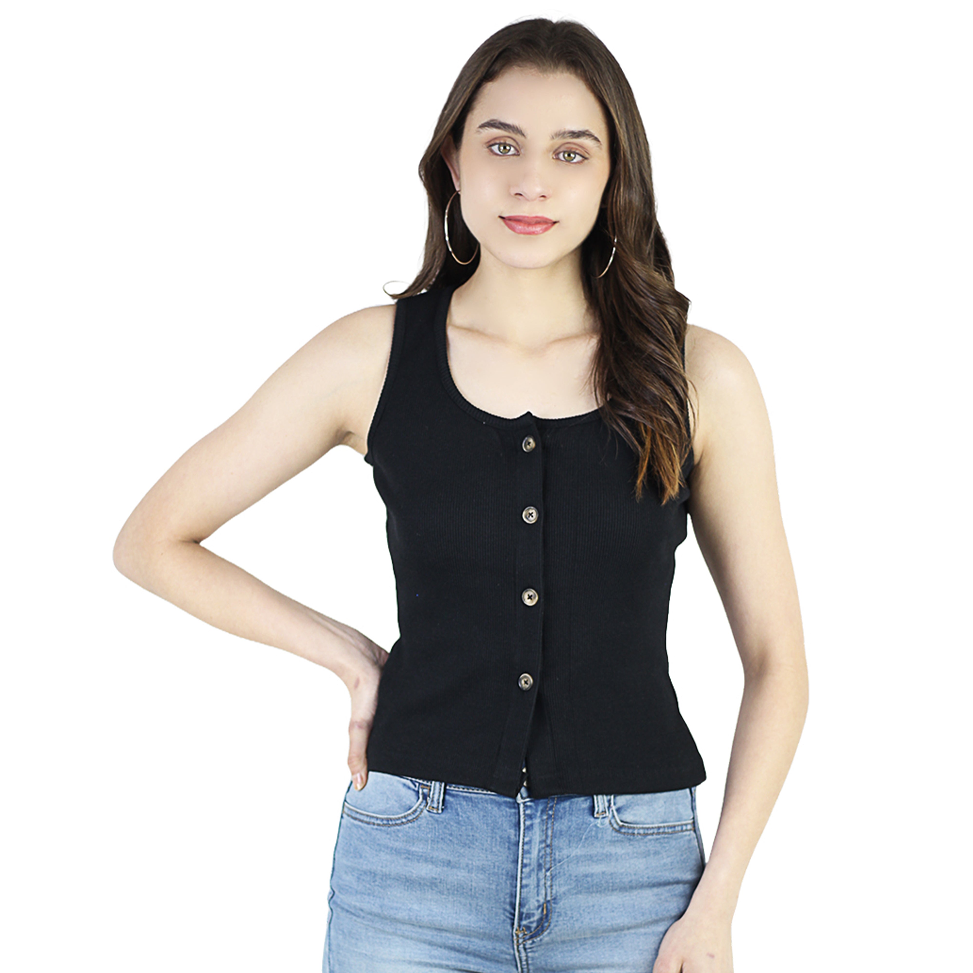 Artyska Women's Summer Round Neck Ribbed Button Down Sleeveless Casual Tank Crop Tops