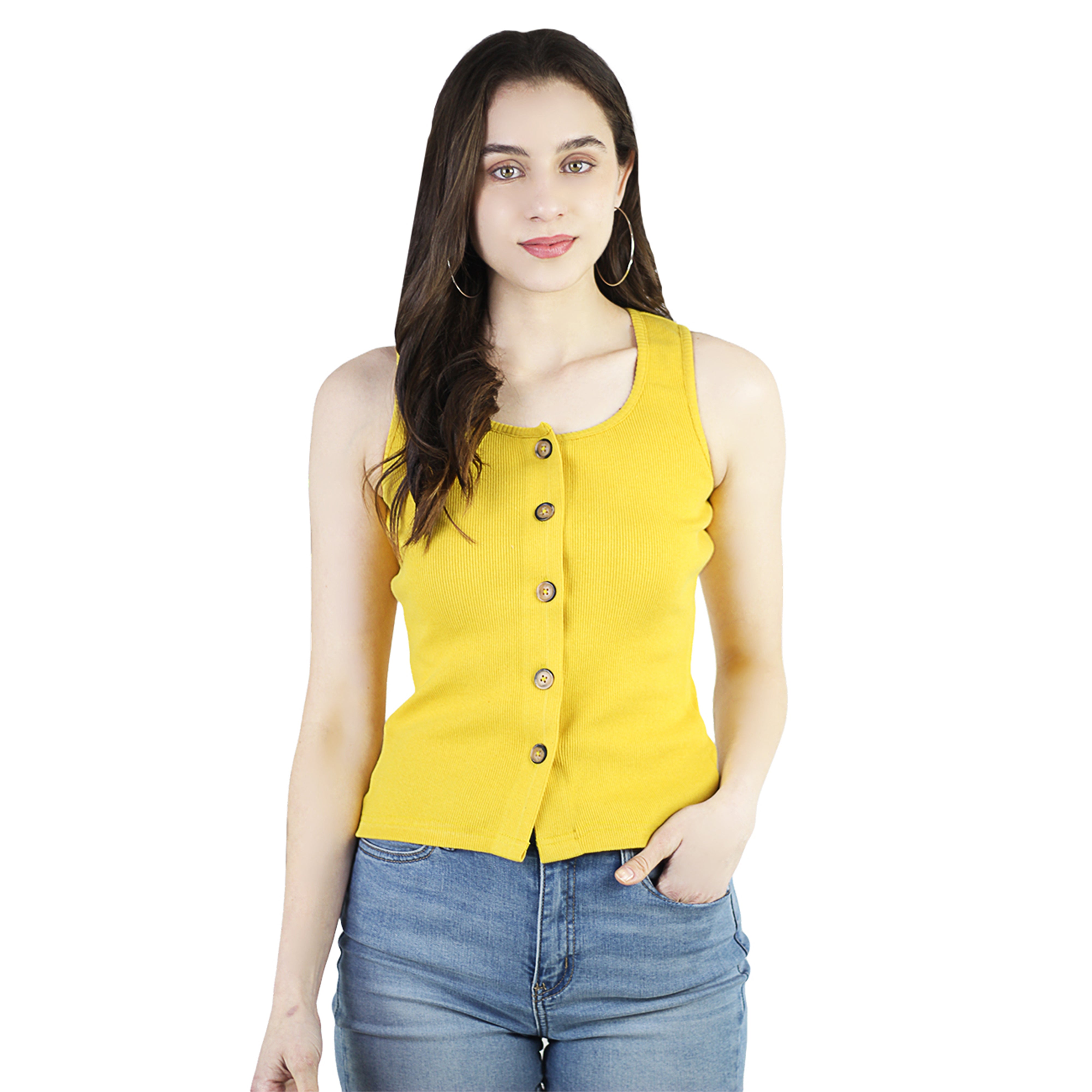 Artyska Women's Summer Round Neck Ribbed Button Down Sleeveless Casual Tank Crop Tops