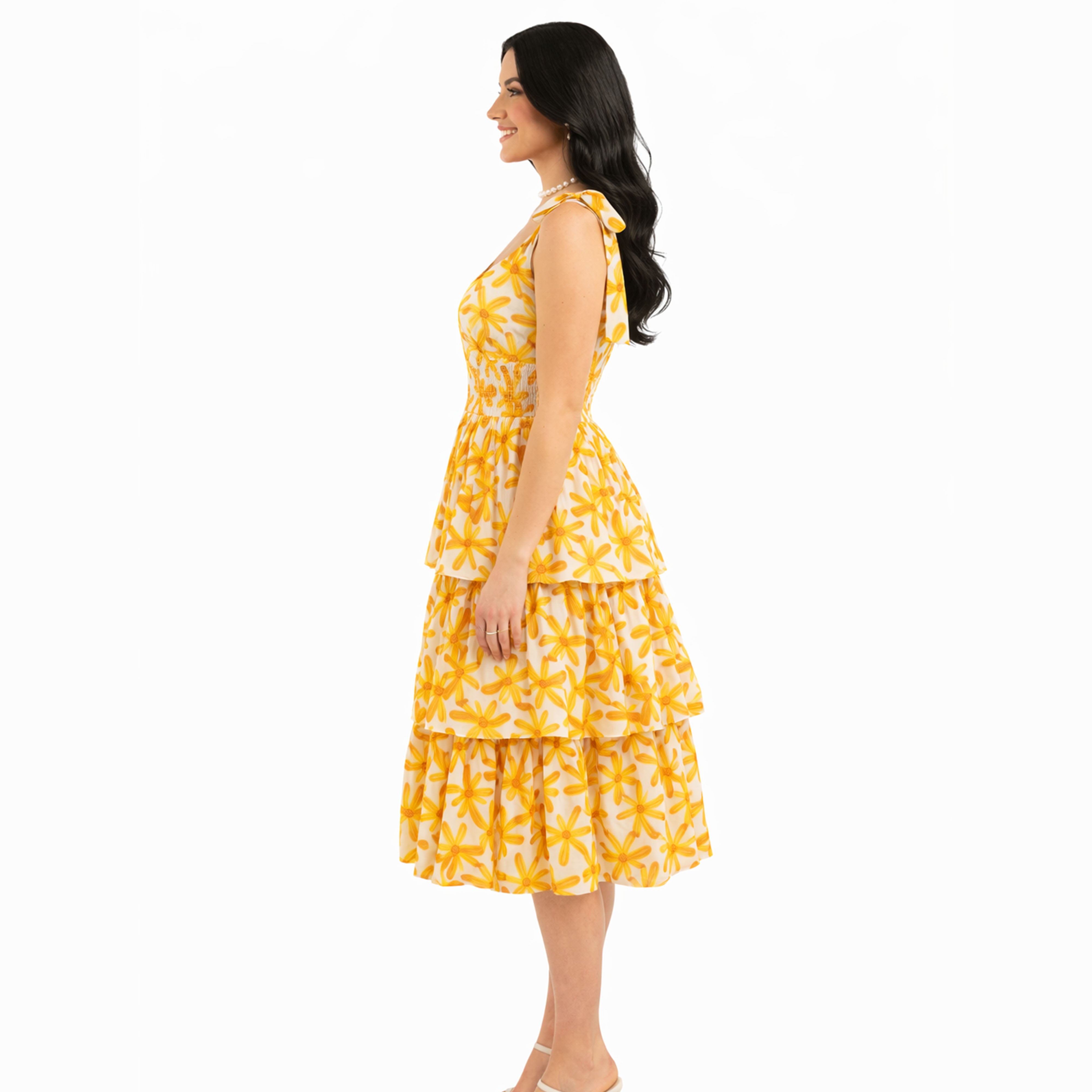 Artyska Women’s Floral Tiered Midi Dress with Bow-Tied Sleeves