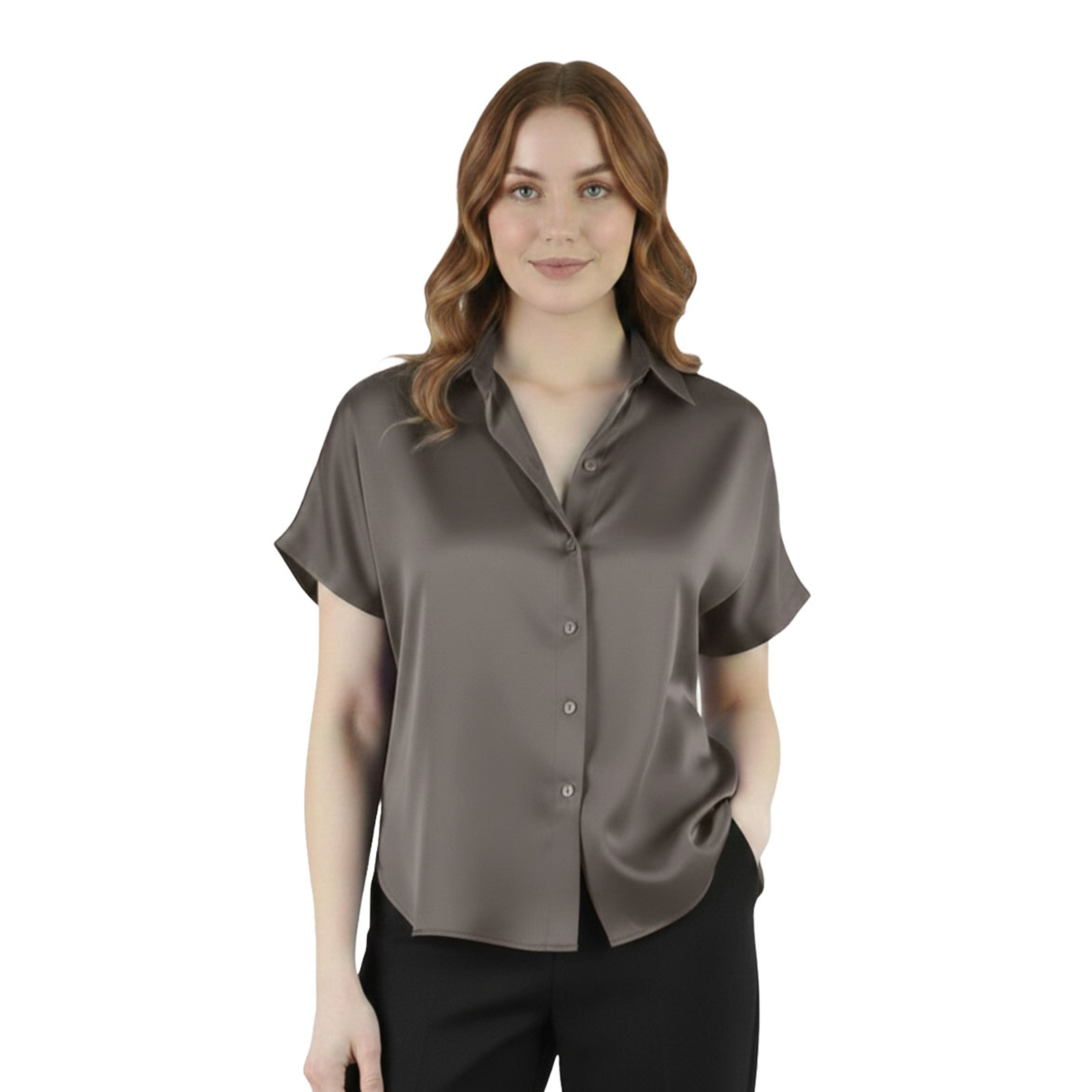 Artyska Women's Satin Short Sleeve Button Down Shirt
