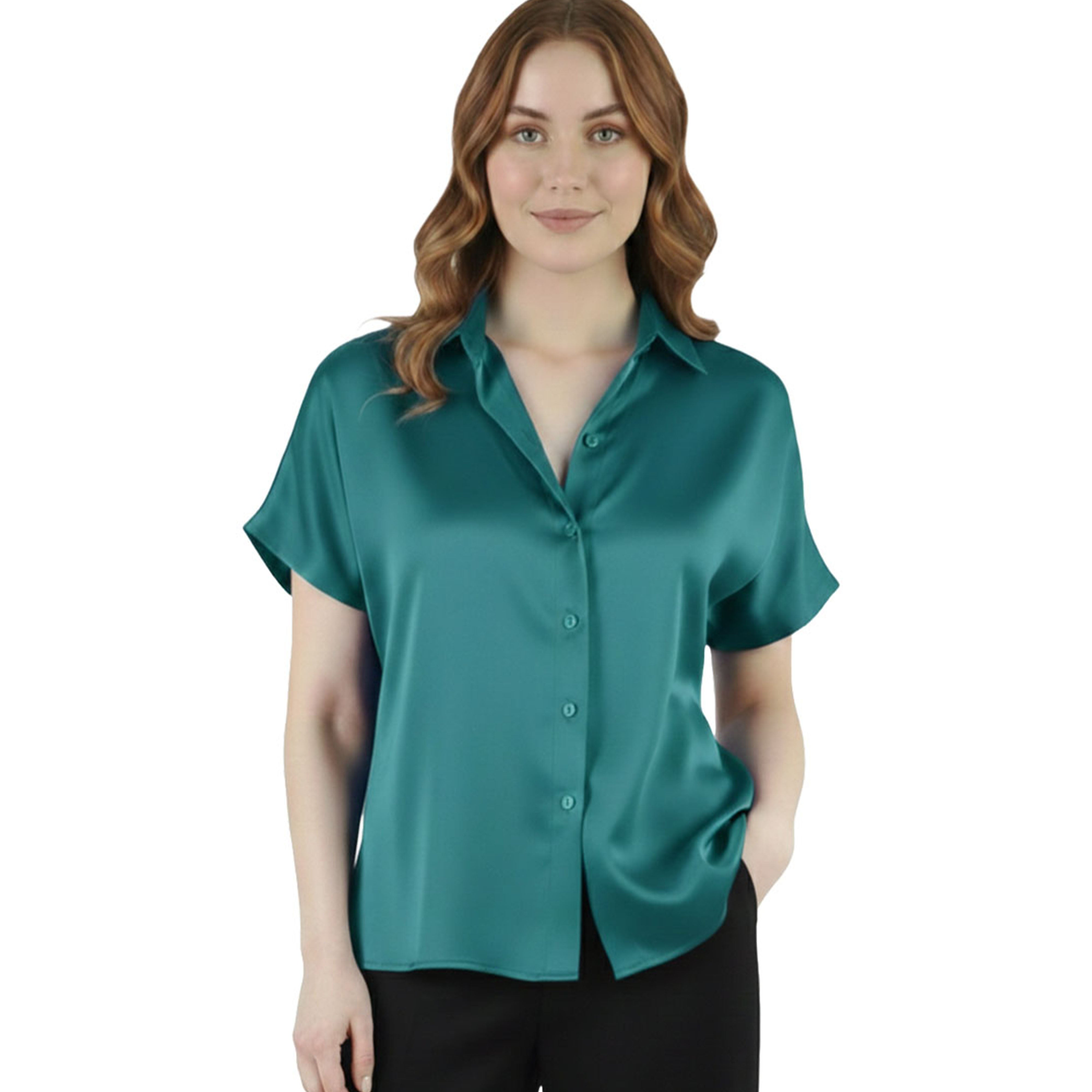 Artyska Women's Satin Short Sleeve Button Down Shirt