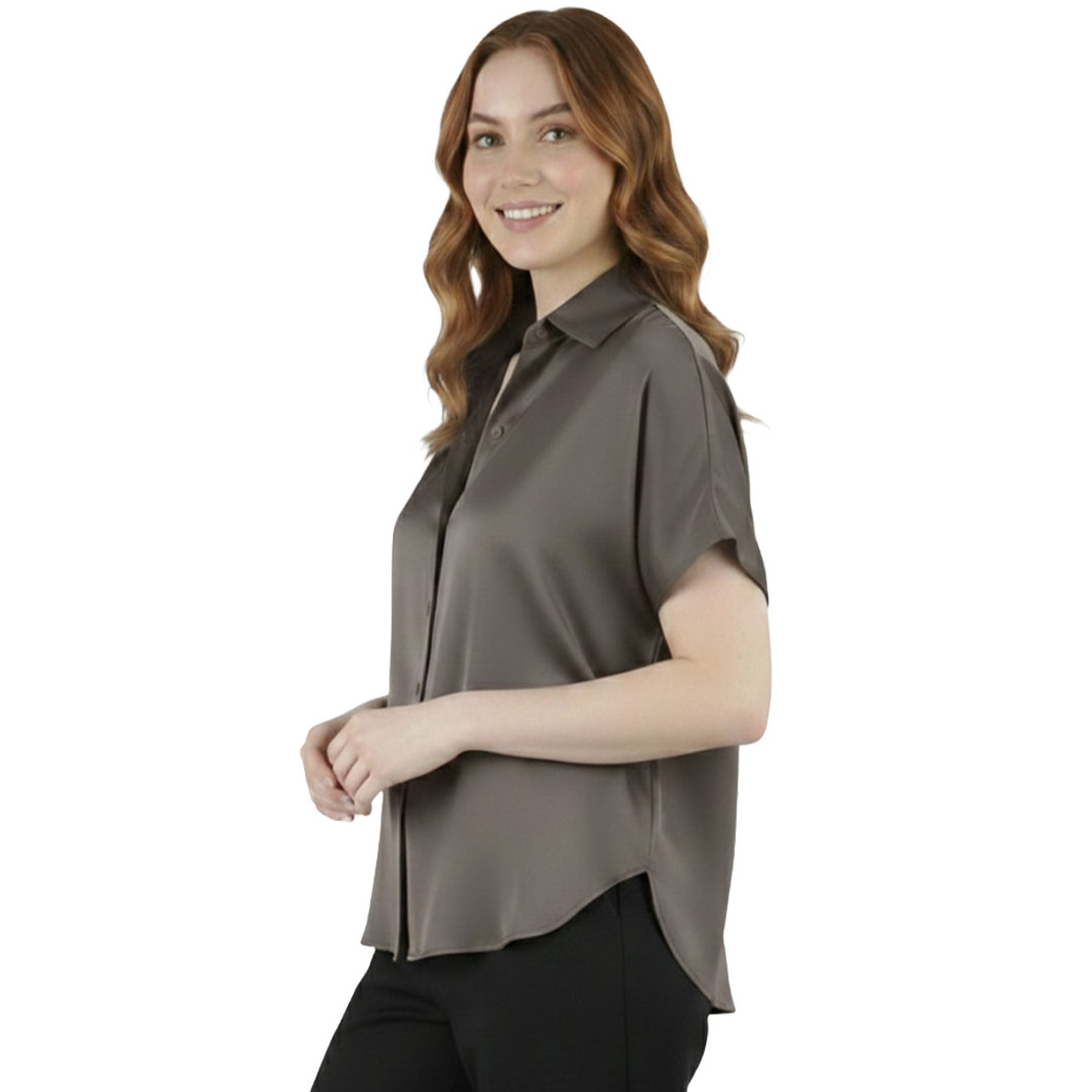 Artyska Women's Satin Short Sleeve Button Down Shirt