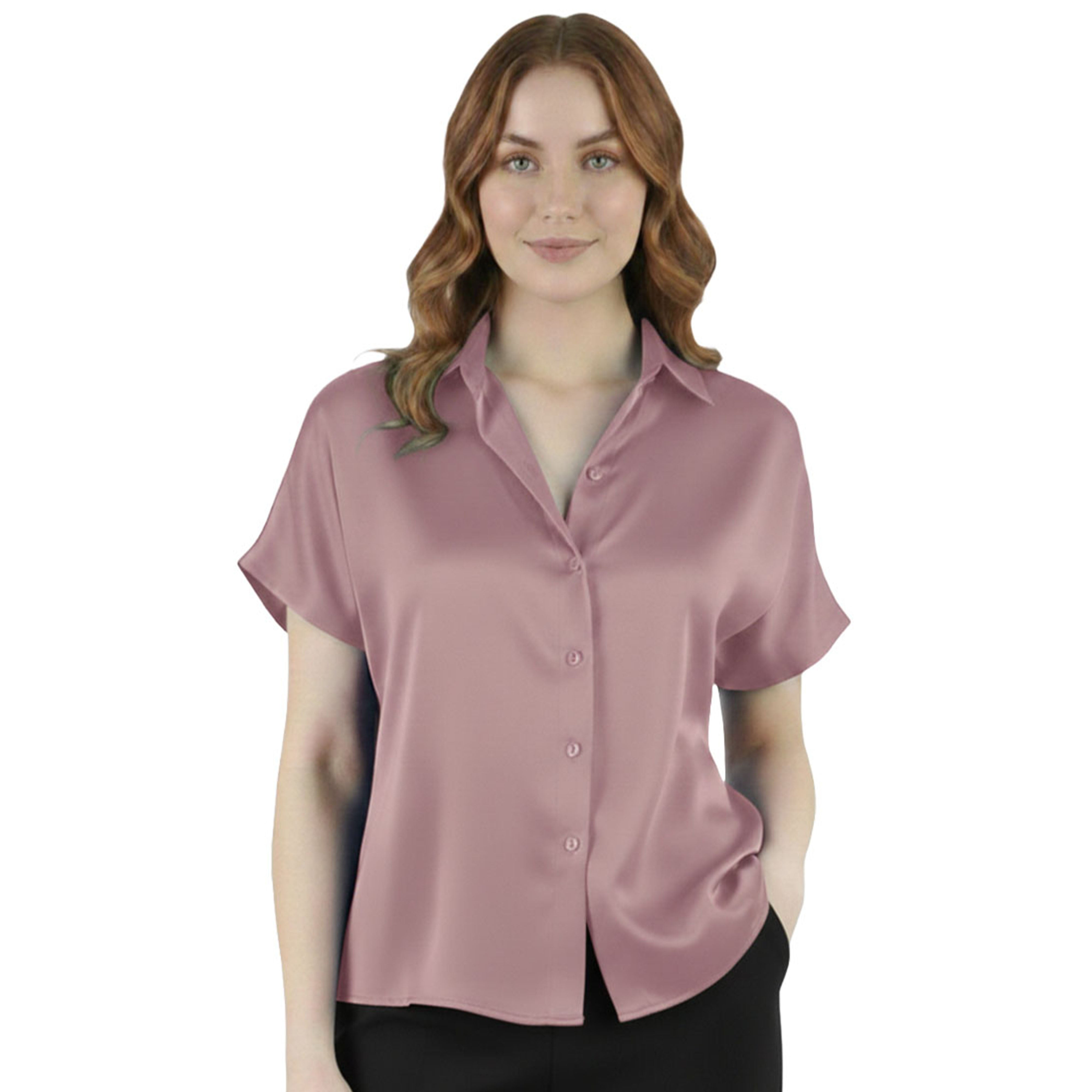 Artyska Women's Satin Short Sleeve Button Down Shirt