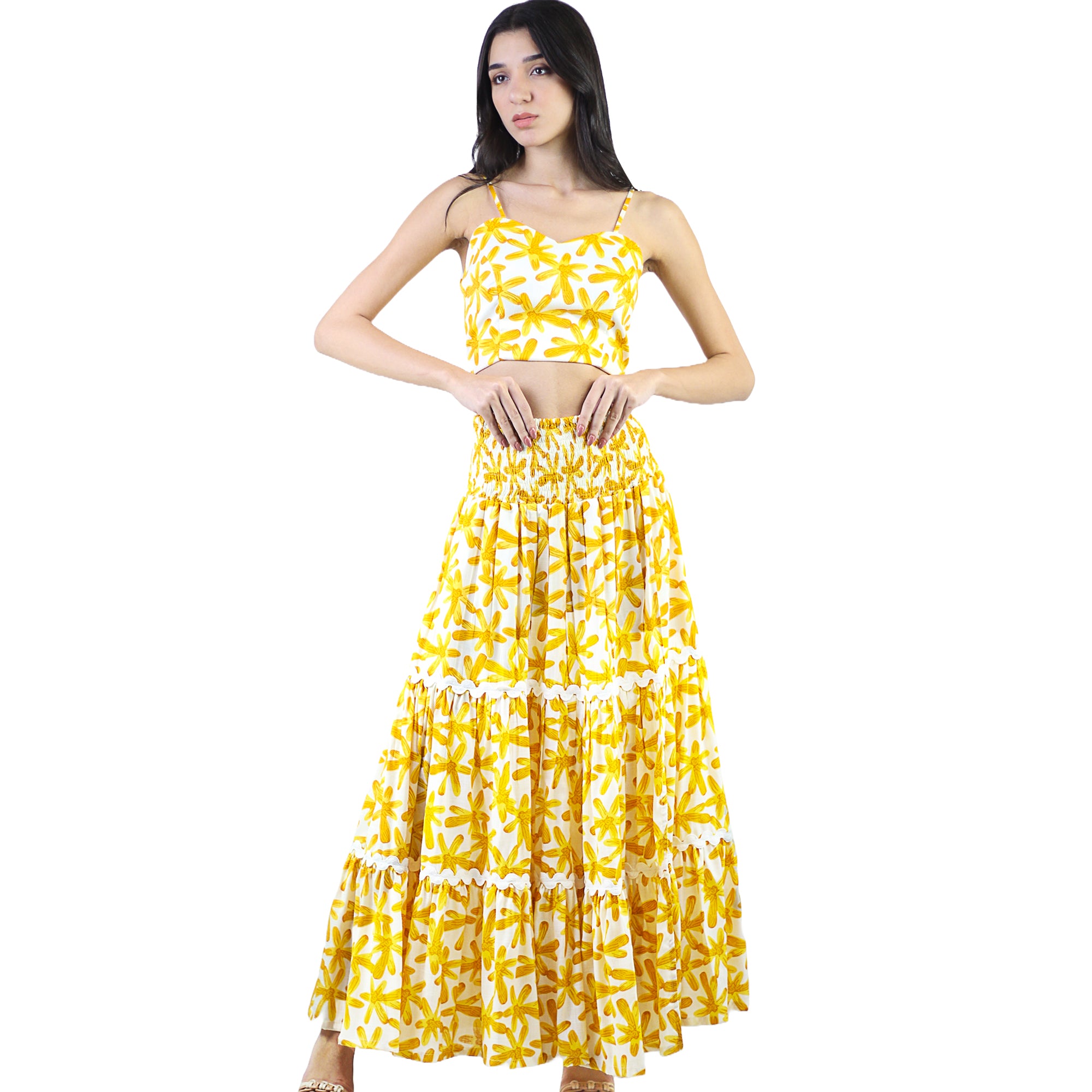 Women's 2-Piece Floral Print Smocked Crop Top and Tiered Front Slit Maxi Skirt Set