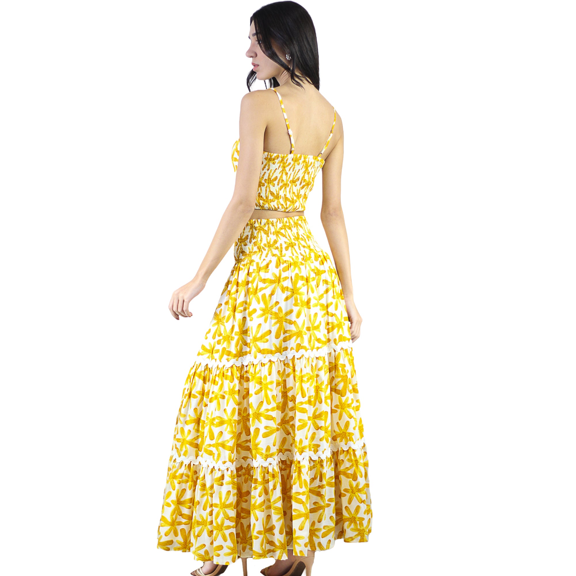 Women's 2-Piece Floral Print Smocked Crop Top and Tiered Front Slit Maxi Skirt Set