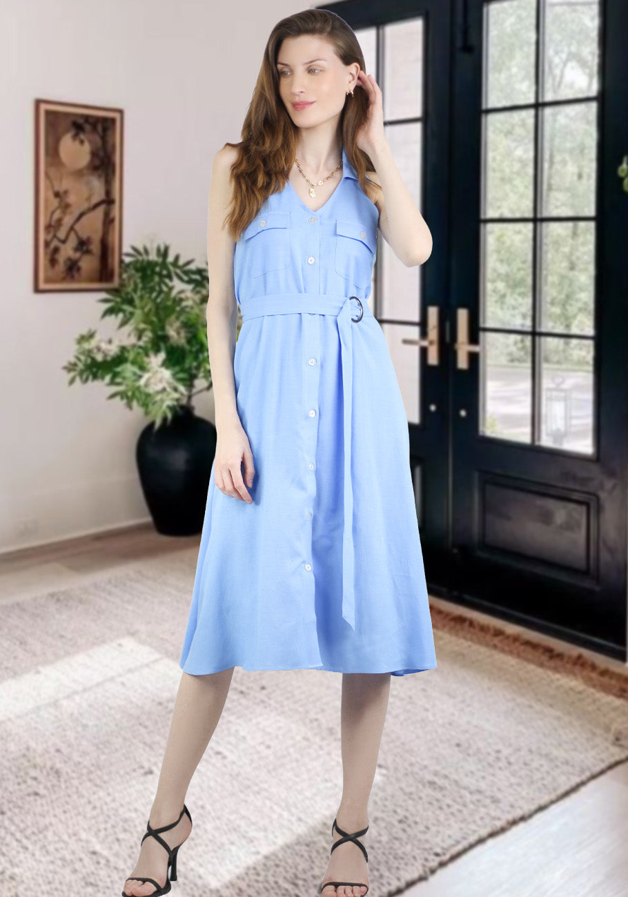 Women's Summer Cotton Linen V Neck Button Down Sleeveless Collared Dress