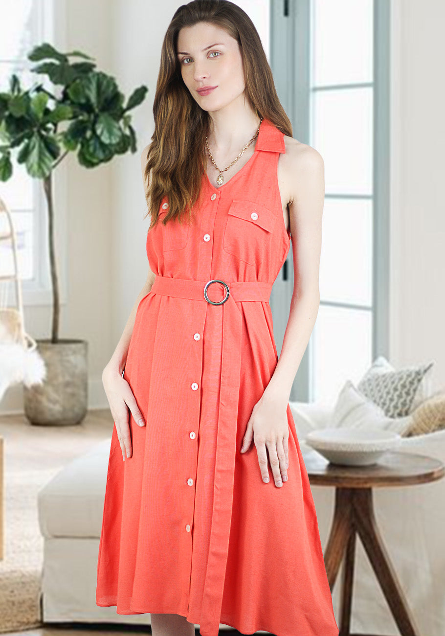 Women's Summer Cotton Linen V Neck Button Down Sleeveless Collared Dress