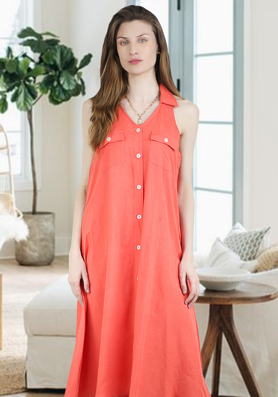 Women's Summer Cotton Linen V Neck Button Down Sleeveless Collared Dress