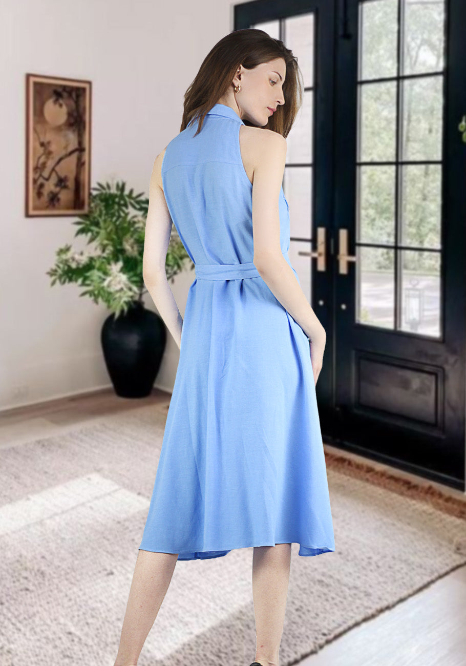 Women's Summer Cotton Linen V Neck Button Down Sleeveless Collared Dress