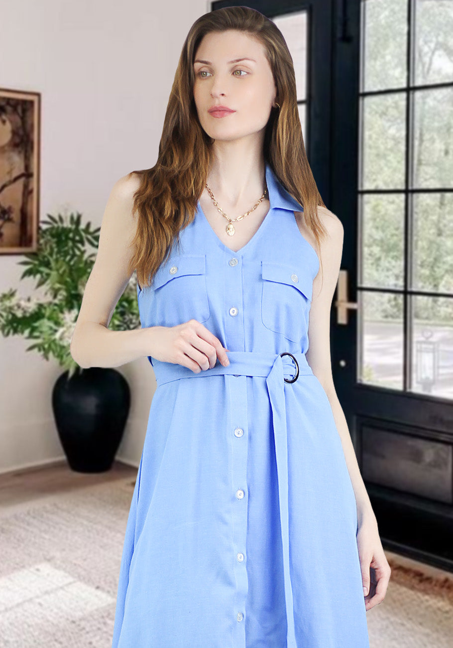 Women's Summer Cotton Linen V Neck Button Down Sleeveless Collared Dress