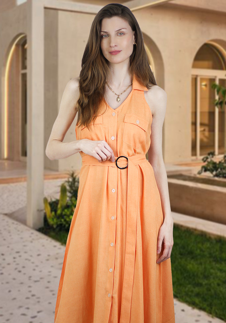 Women's Summer Cotton Linen V Neck Button Down Sleeveless Collared Dress