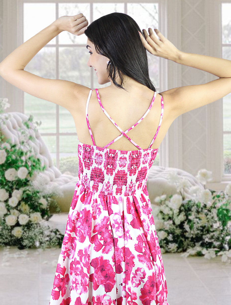 Women's Summer Spaghetti Strap V Neck Ruffle High Low Hem Sleeveless Floral Dress With Smocking