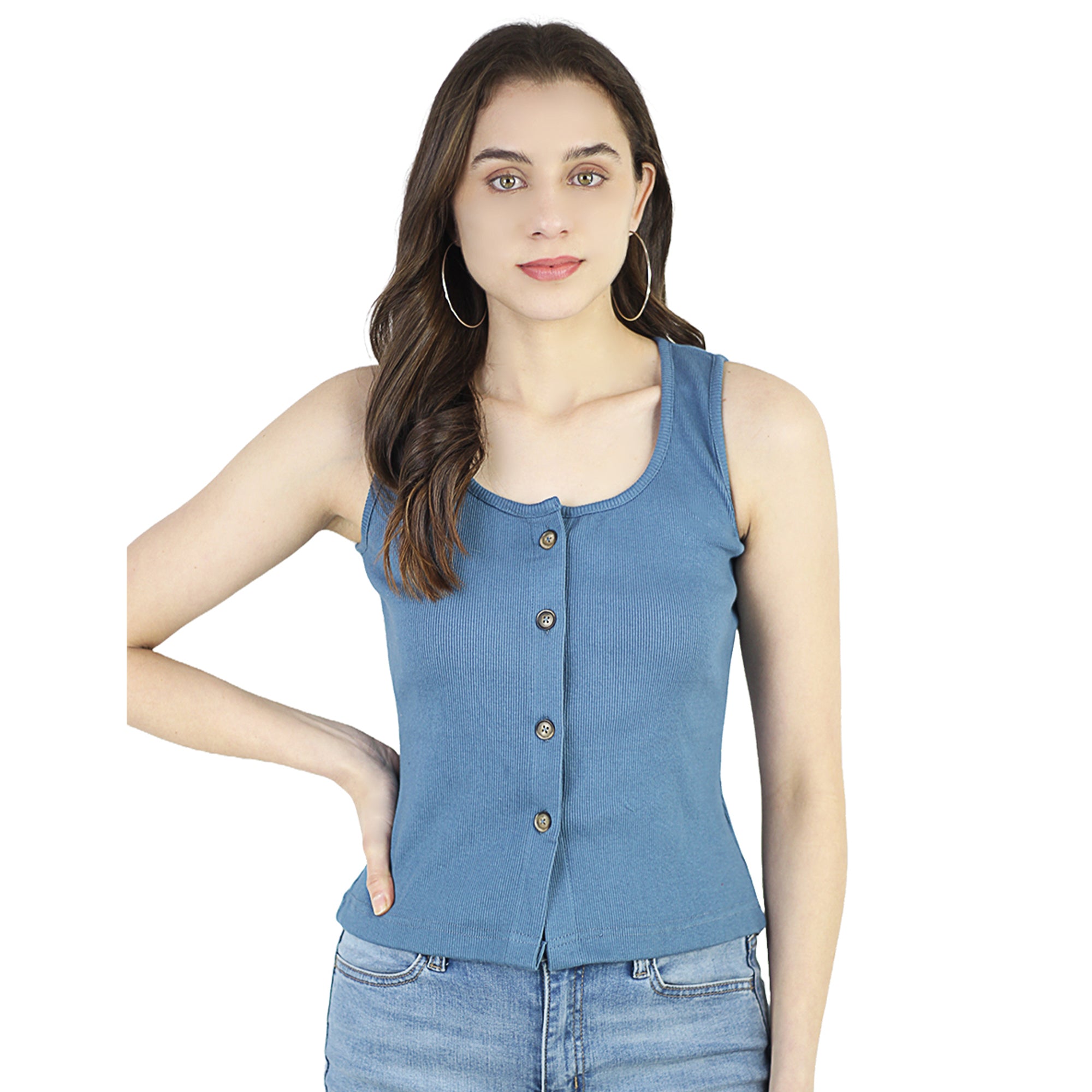 Artyska Women's Summer Round Neck Ribbed Button Down Sleeveless Casual Tank Crop Tops