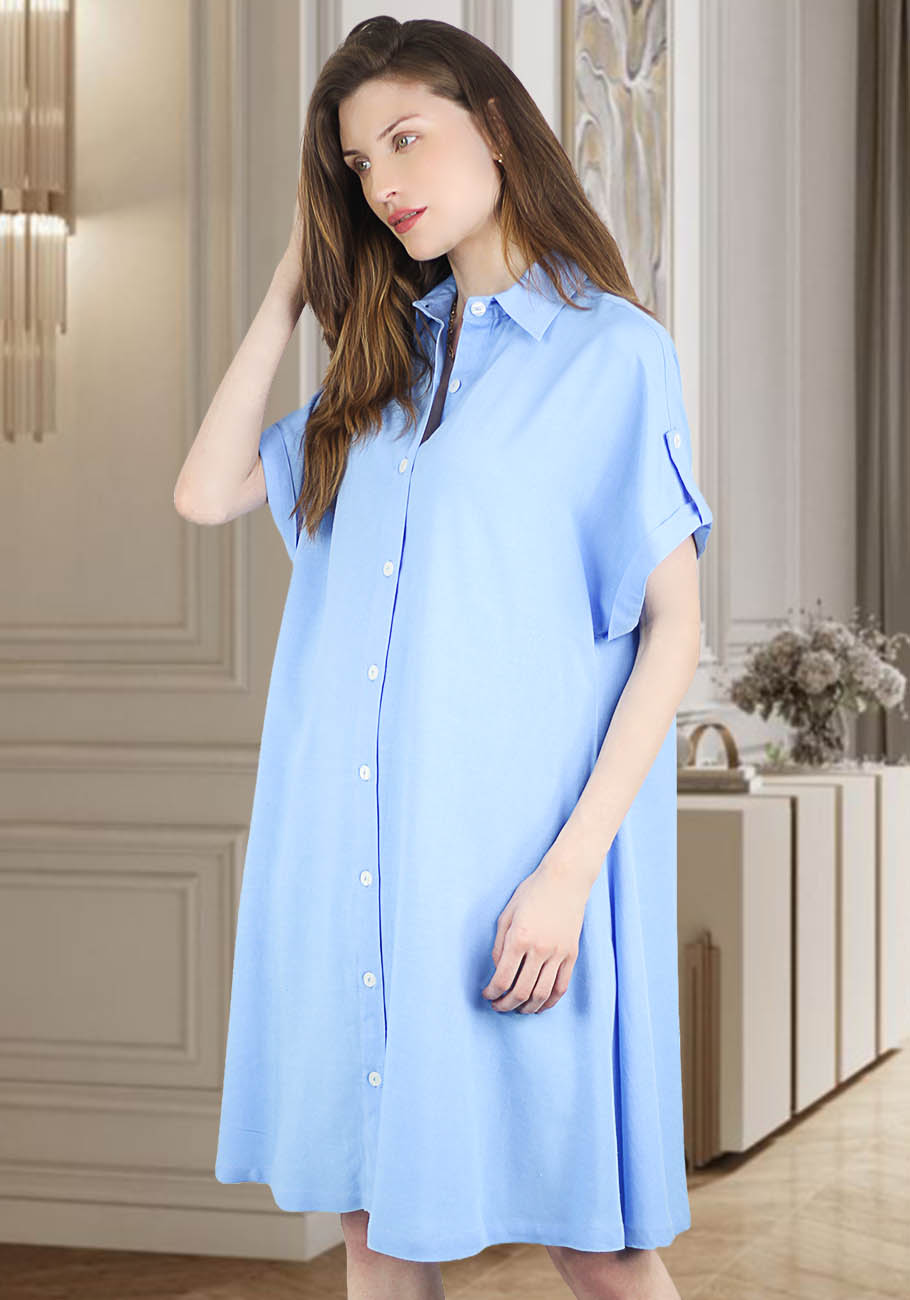 Women's Linen Cotton Button Down Short Sleeves Shirt Dresses with Pockets