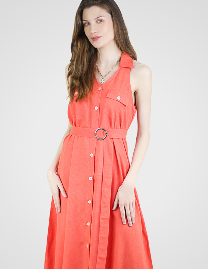 Women's Summer Cotton Linen V Neck Button Down Sleeveless Collared Dress