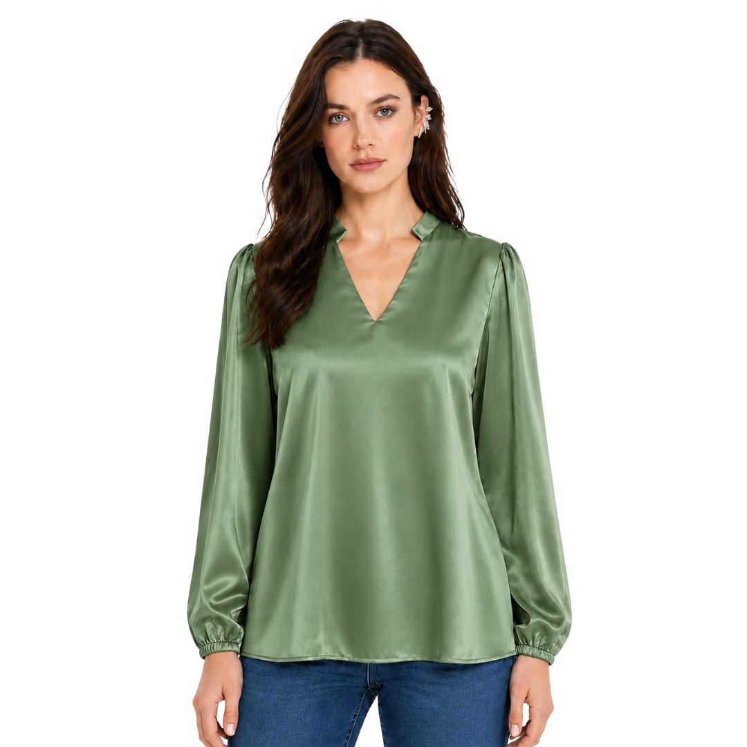 Artyska Women's Satin V-Neck Blouse with Long Puff Sleeves