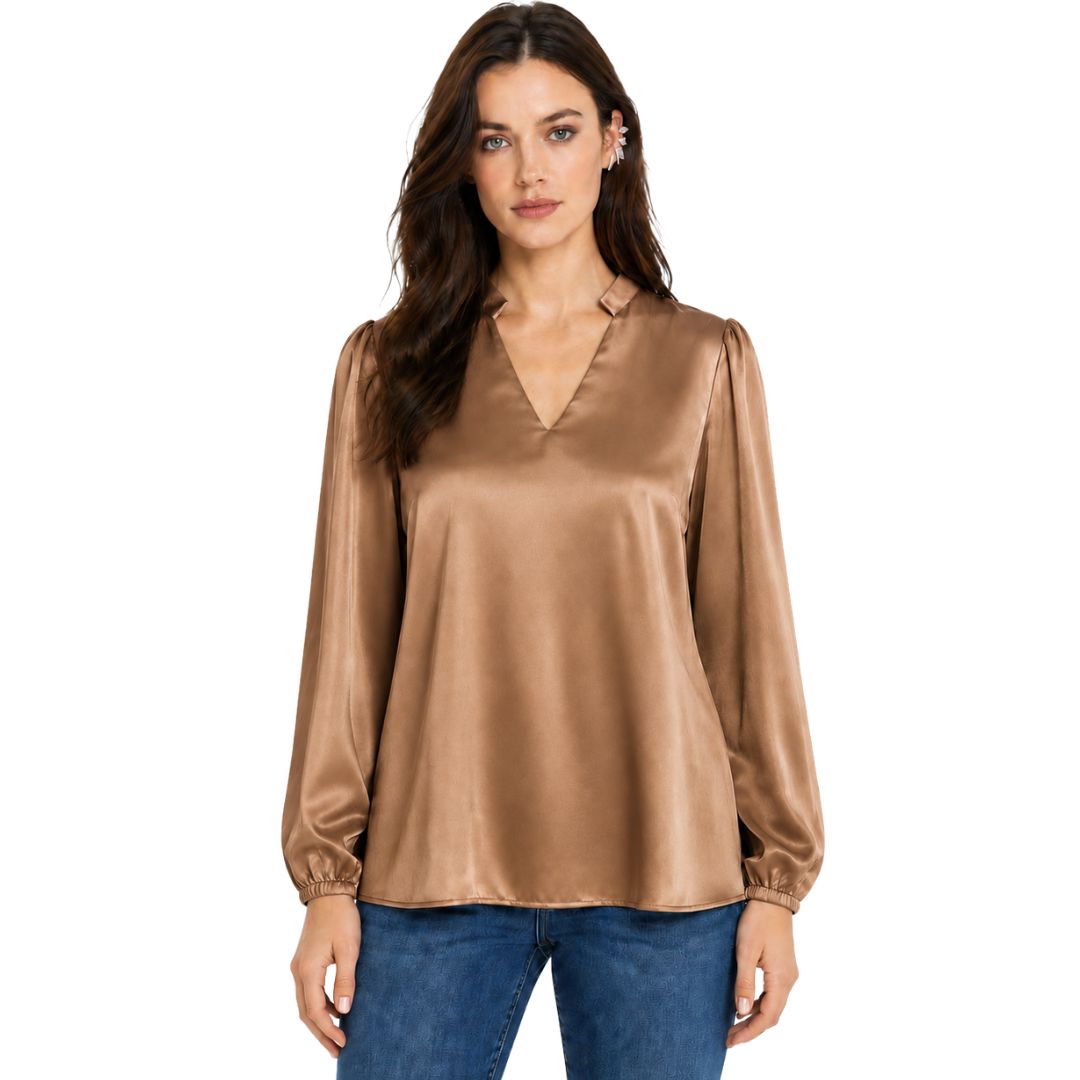 Artyska Women's Satin V-Neck Blouse with Long Puff Sleeves