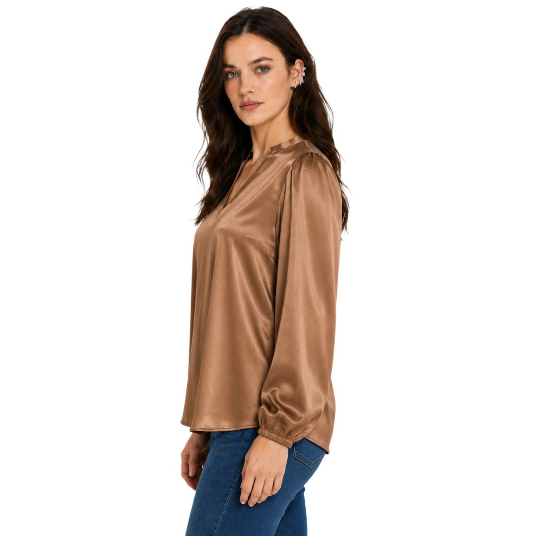 Artyska Women's Satin V-Neck Blouse with Long Puff Sleeves