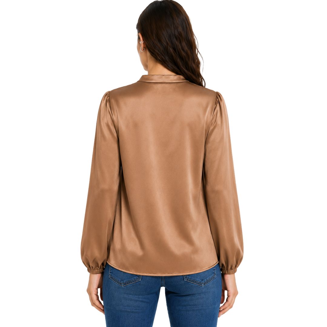 Artyska Women's Satin V-Neck Blouse with Long Puff Sleeves