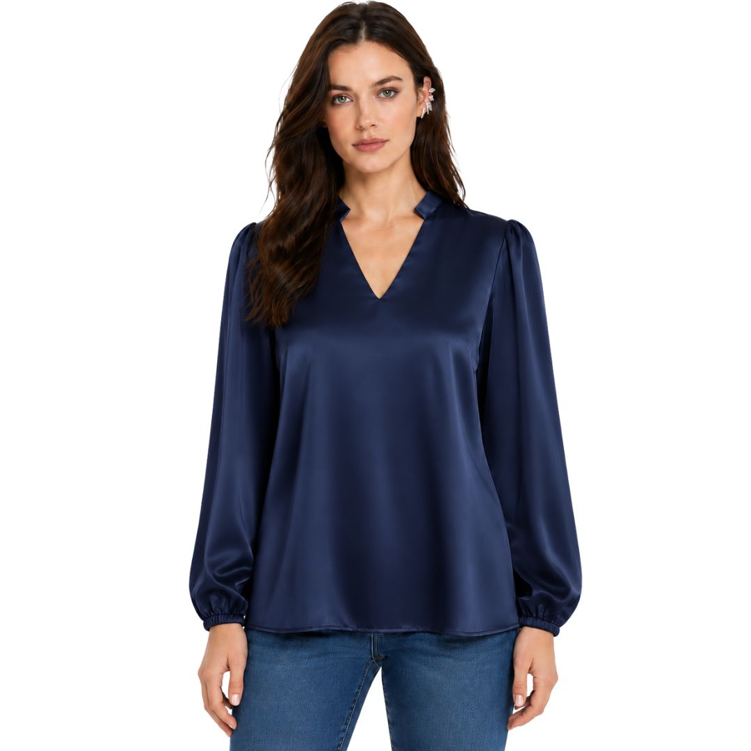 Artyska Women's Satin V-Neck Blouse with Long Puff Sleeves