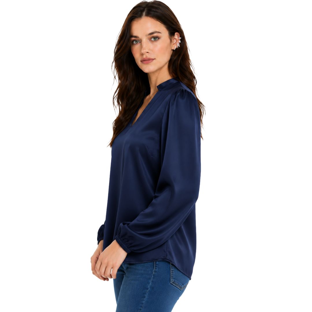 Artyska Women's Satin V-Neck Blouse with Long Puff Sleeves