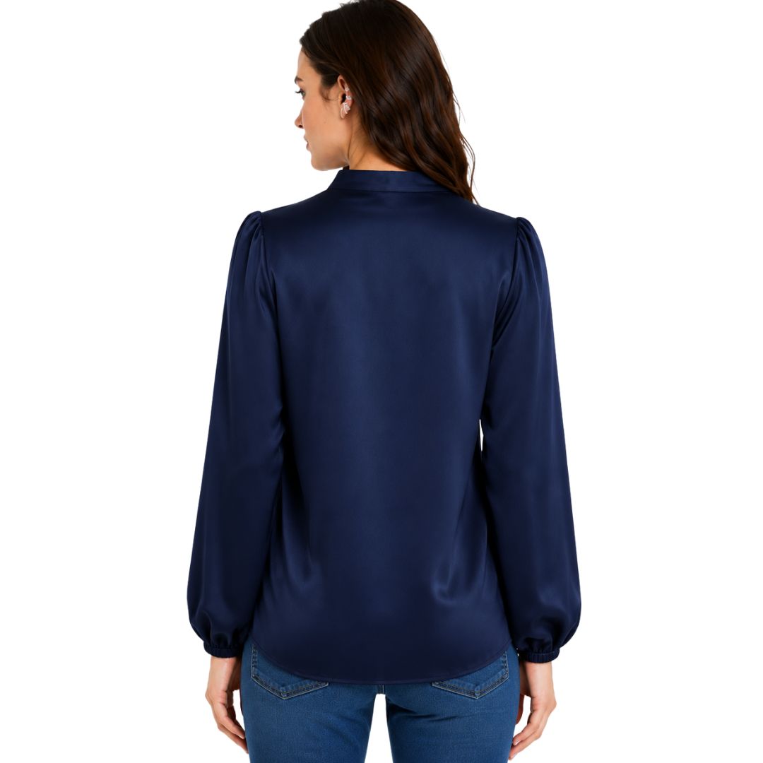 Artyska Women's Satin V-Neck Blouse with Long Puff Sleeves