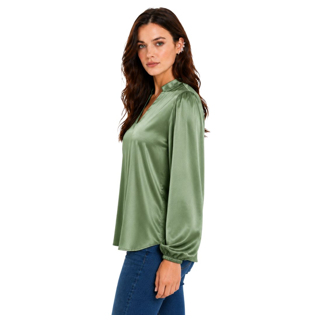 Artyska Women's Satin V-Neck Blouse with Long Puff Sleeves