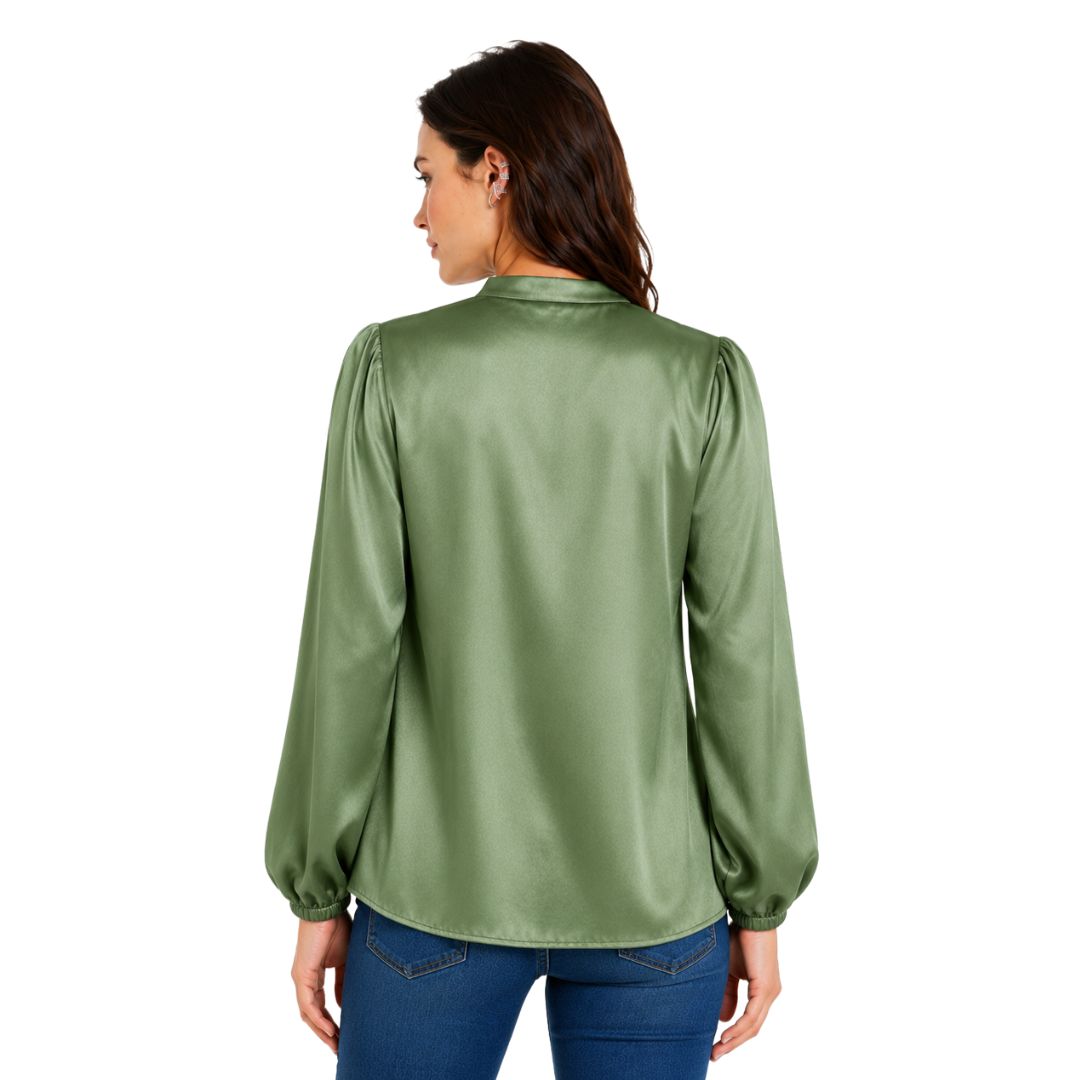 Artyska Women's Satin V-Neck Blouse with Long Puff Sleeves